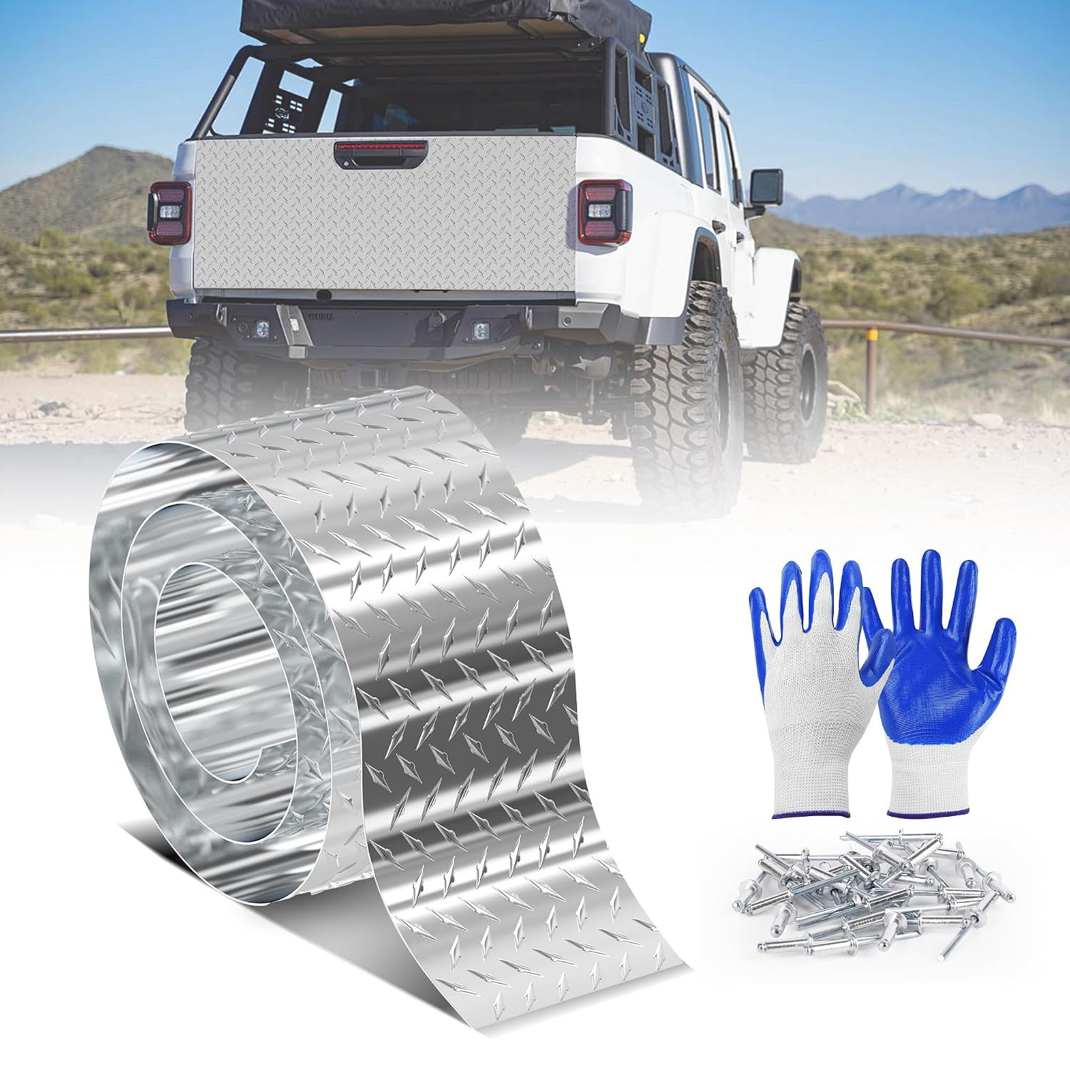 Diamond Plate Aluminum Sheet 0.045″ 3003-H22, 4X120In | with Gloves/Rivets, RV F