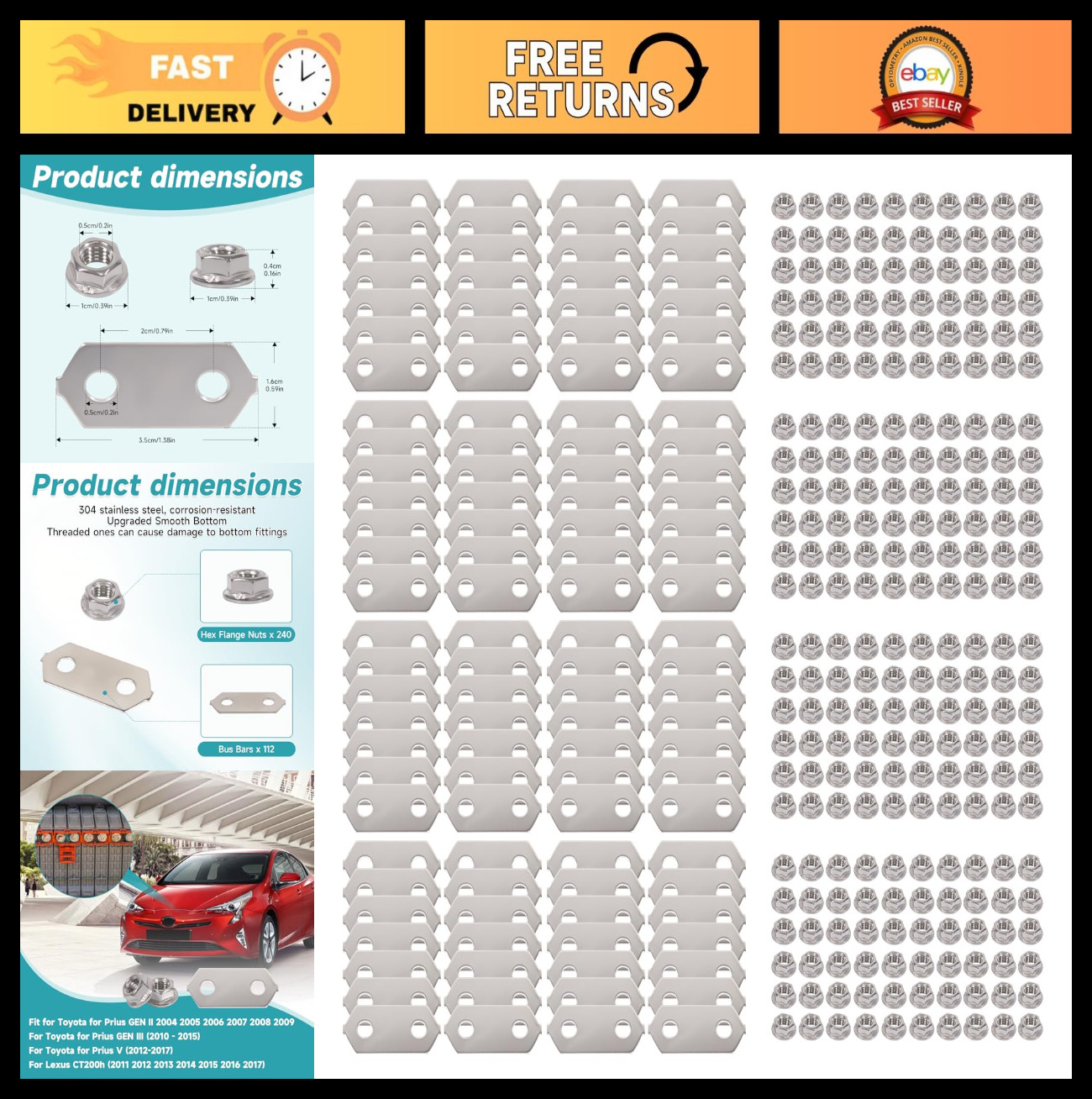 Nickel Plated Copper Bus Bars & Stainless Nuts Set for Hybrid Battery – Prius V,