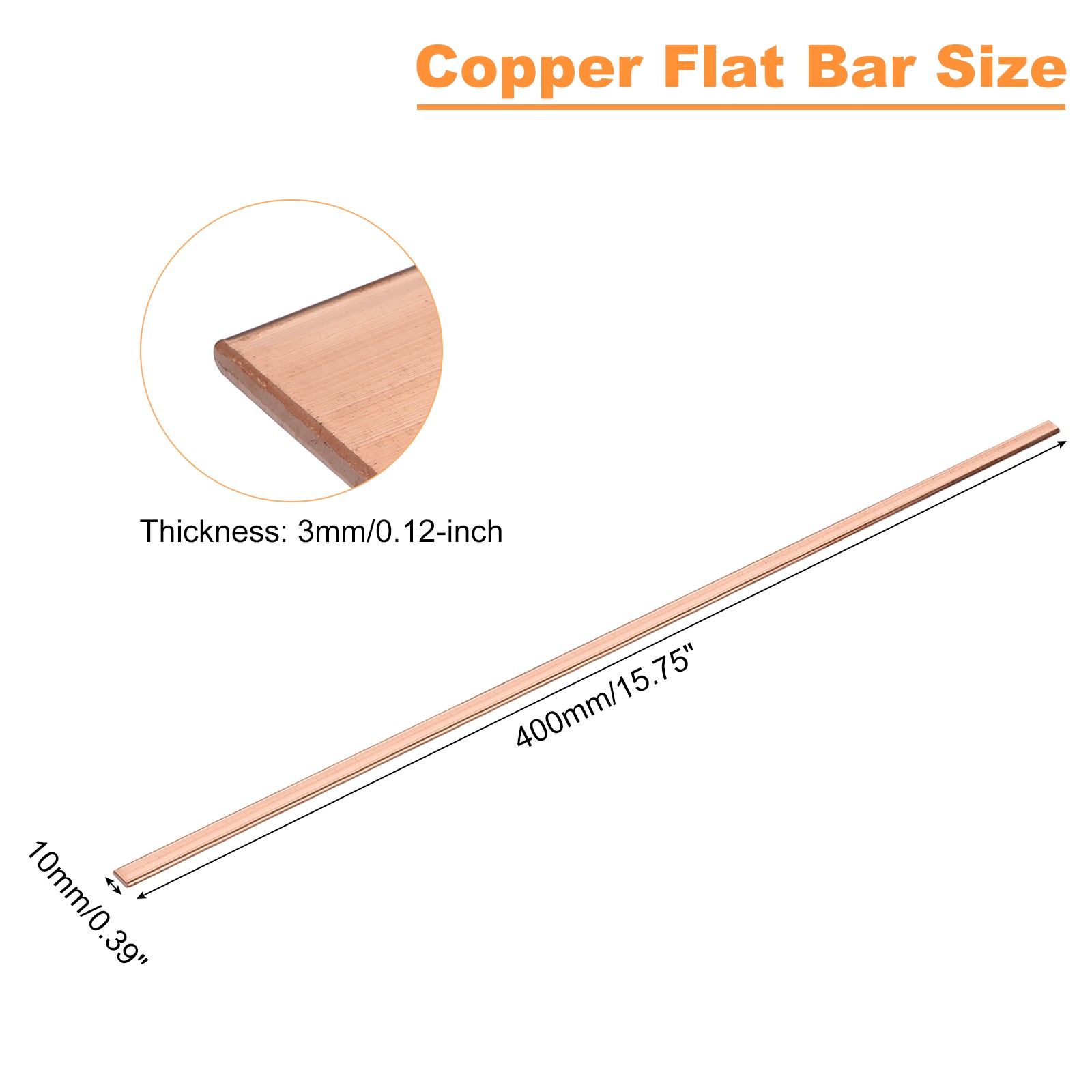 Copper Flat Bar, 0.12″ Thickness x 0.39″ Width x 15.75″ Length Copper Bar Stock