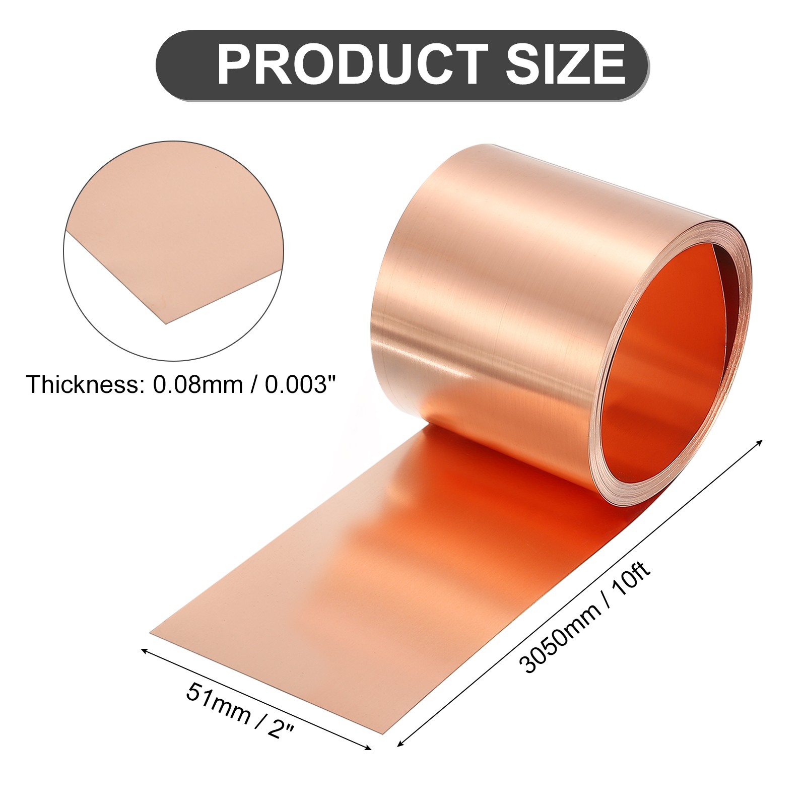 Pure Copper Sheet Roll, 0.08mm 25Ga Thick T2 10Ft x 2in Copper Strip for Craft