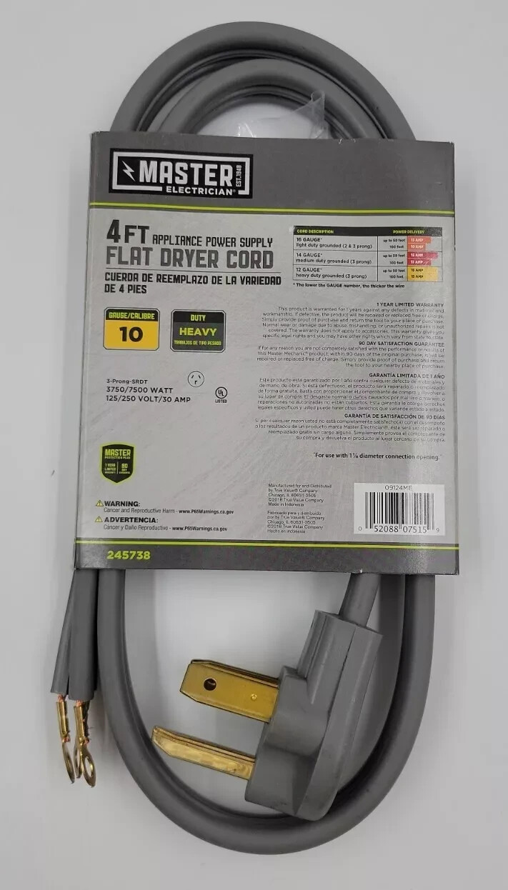 Master Electrician 09124ME 4-Feet Gray Flat Dryer Cord 10 Guage Heavy Brand New