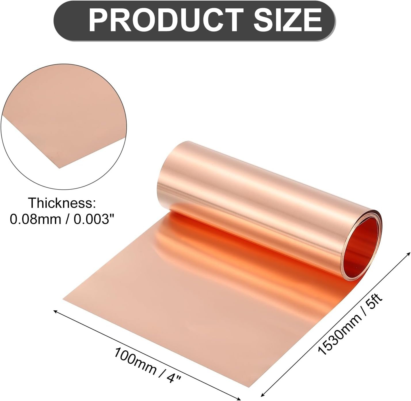 Pure Copper Sheet Roll, 0.08mm 25Ga Thick T2 Copper Flashing 1530mm x 100mm/5…