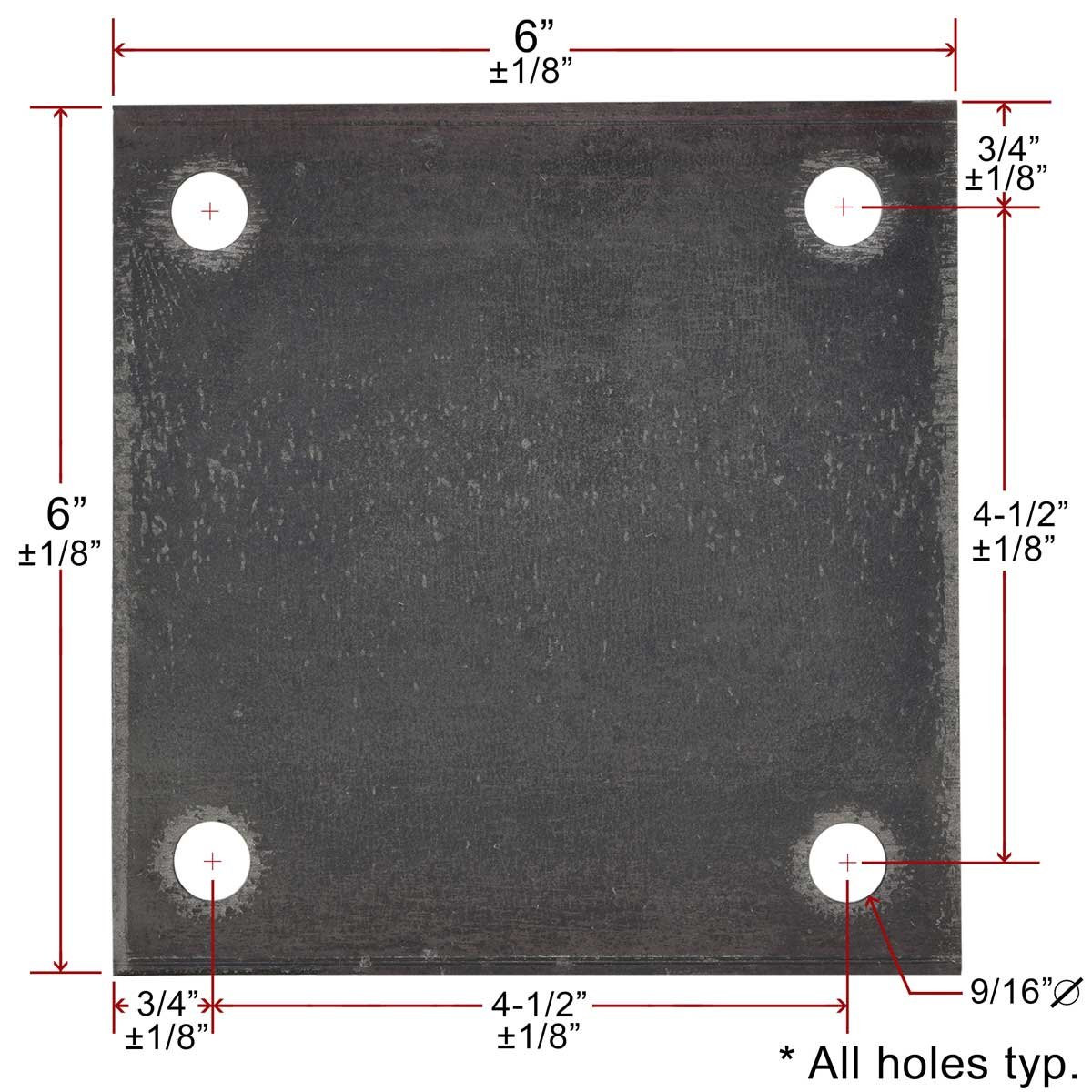 6 x 6 x 1/4 Inch A36 Steel Base Plate with 4 Holes for 1/2 Inch Bolts