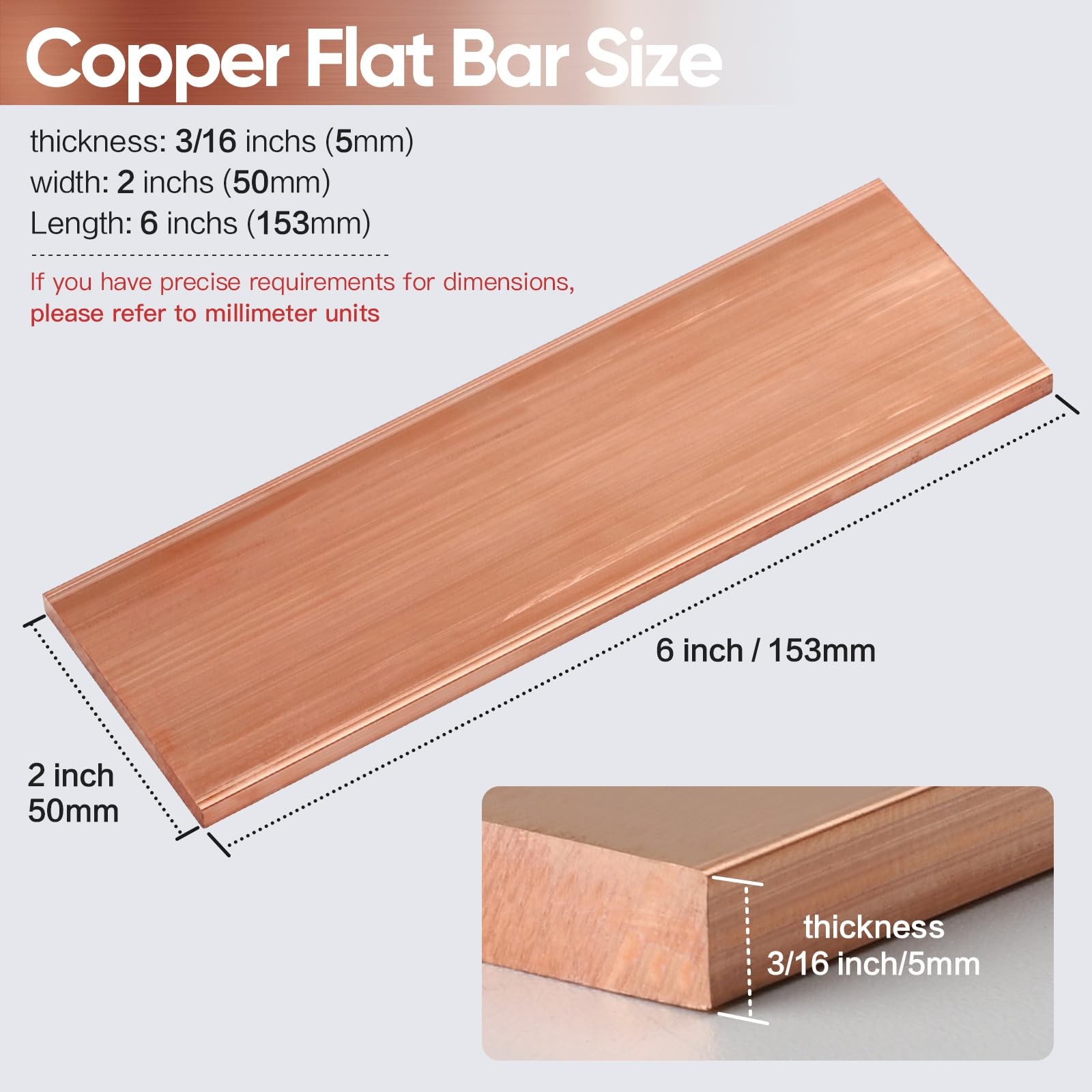 1 PCS 3/16x2x6 Inch C11 Solid Copper Flat Bar Stock 99.9% DIY Hardware