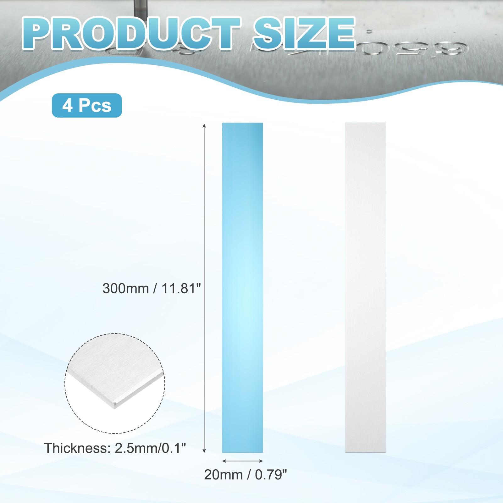 4Pcs 300x20x2.5mm 6061 T651 Aluminum Sheet Metal with Single Protective Film