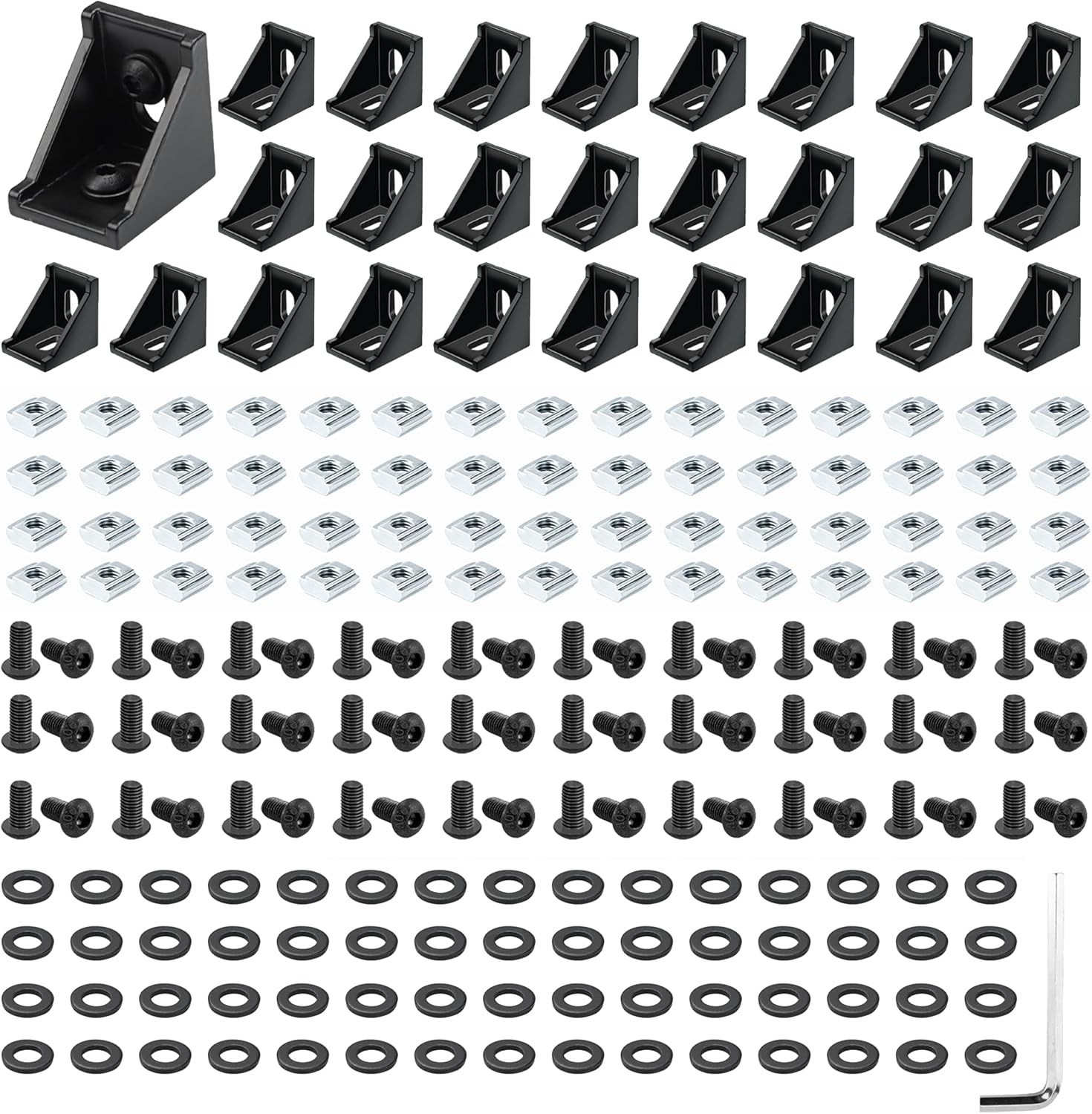 Aluminum Connector Set: 30 Corner Brackets & T-Slot Nuts for 20mm Frames