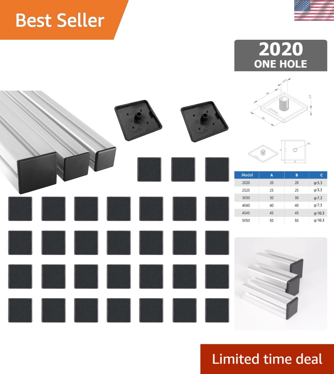 Rust-Proof Black ABS End Caps (35 Pcs) for 20x20mm Aluminum Frame Protection