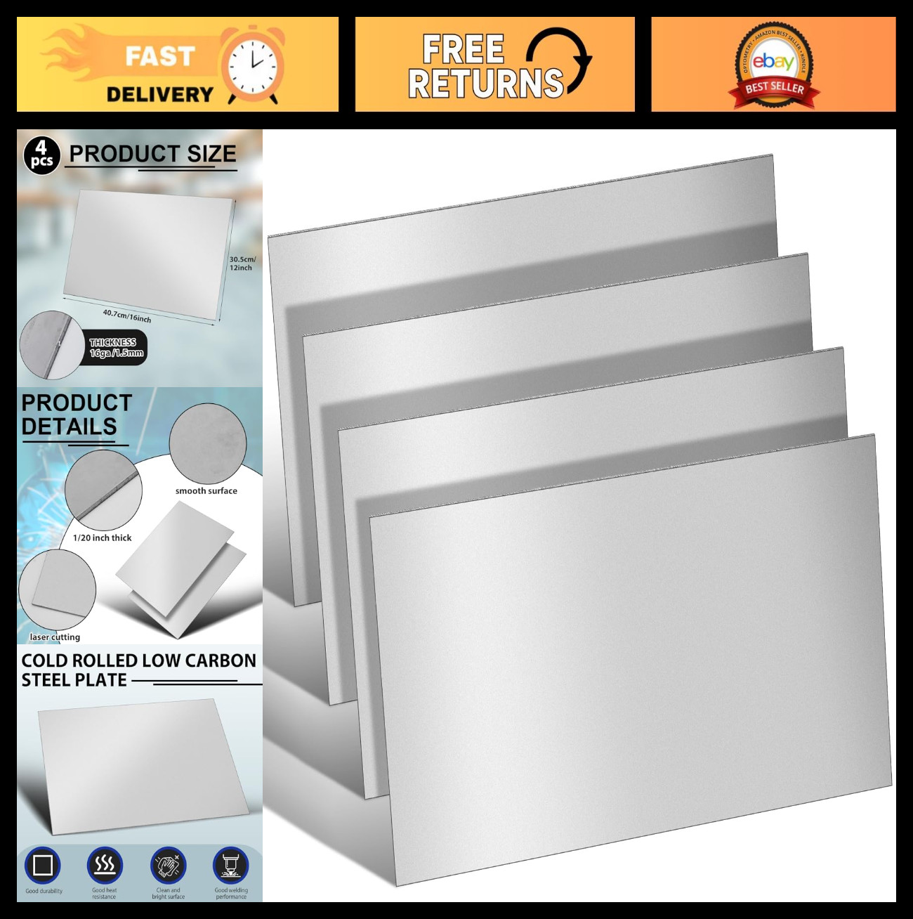 4 Pcs 16 Gauge Steel Sheet Plates – Weldable Carbon Metal Panels for DIY, 16×12