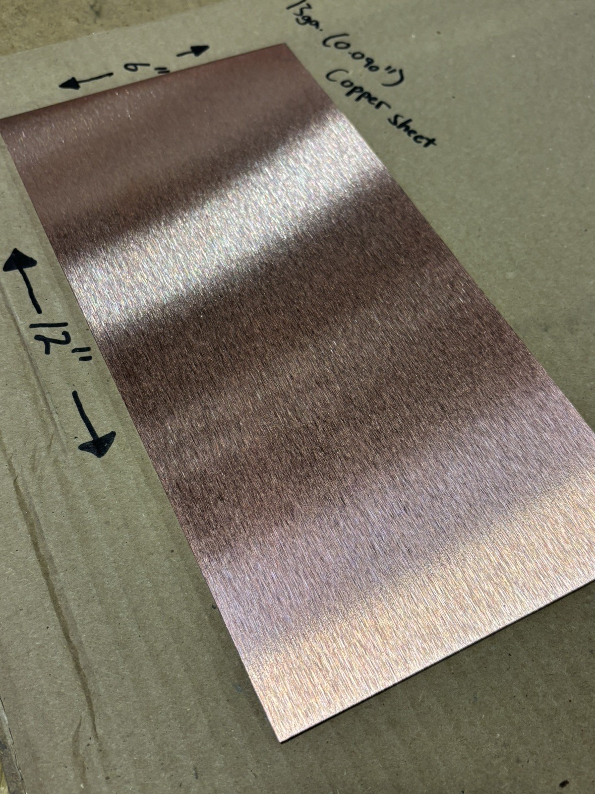 13ga (0.090” Thick) Pure Copper Sheet Metal – 1/4 Hard – 6” x 12” – Brushed