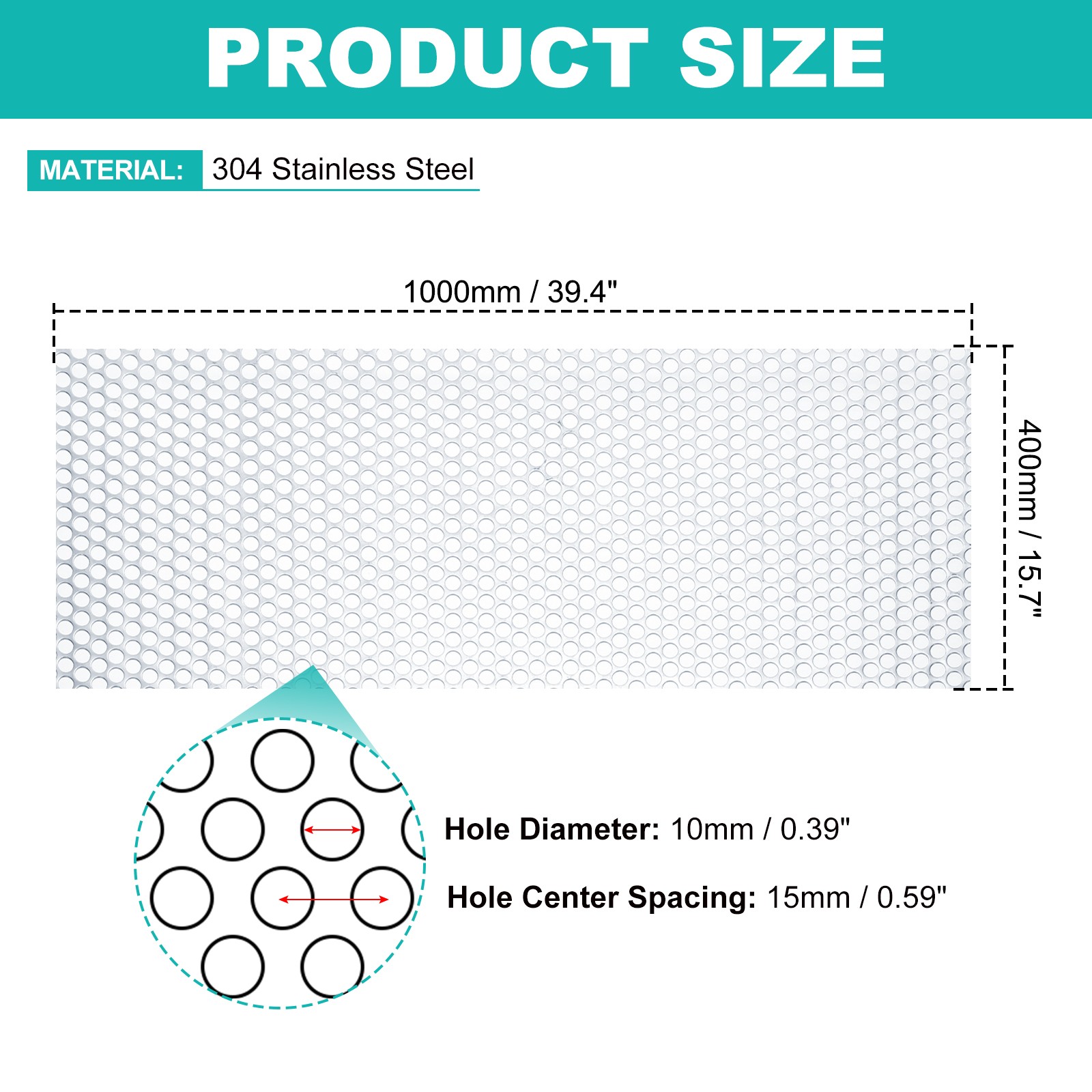 39.4″x15.7″ 304 Stainless Steel Perforated Sheet 0.39″ Hole Metal Mesh Plate