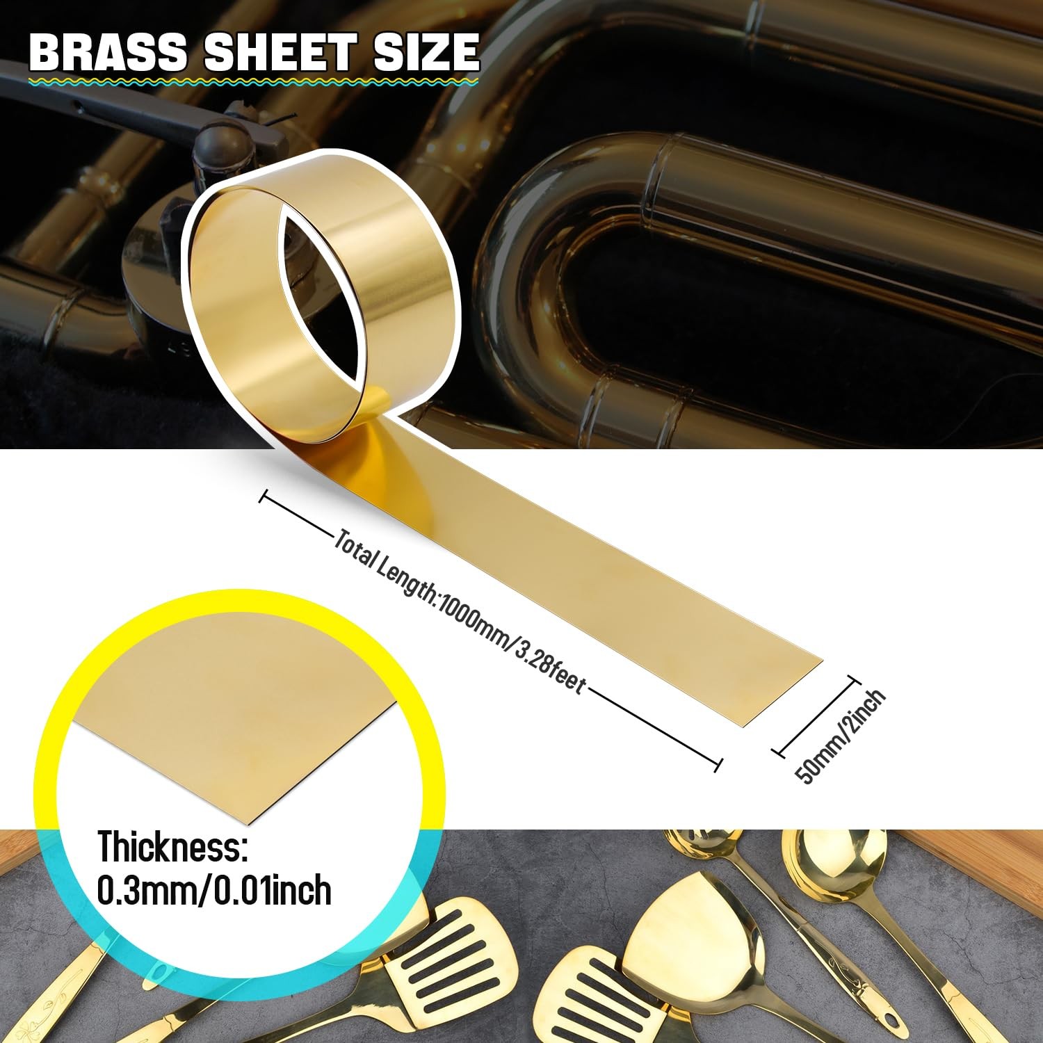 Brass Sheet Roll, Gold Foil Sheets-1000mm x 50mm x 0.3mm Thin Brass Metal Foi