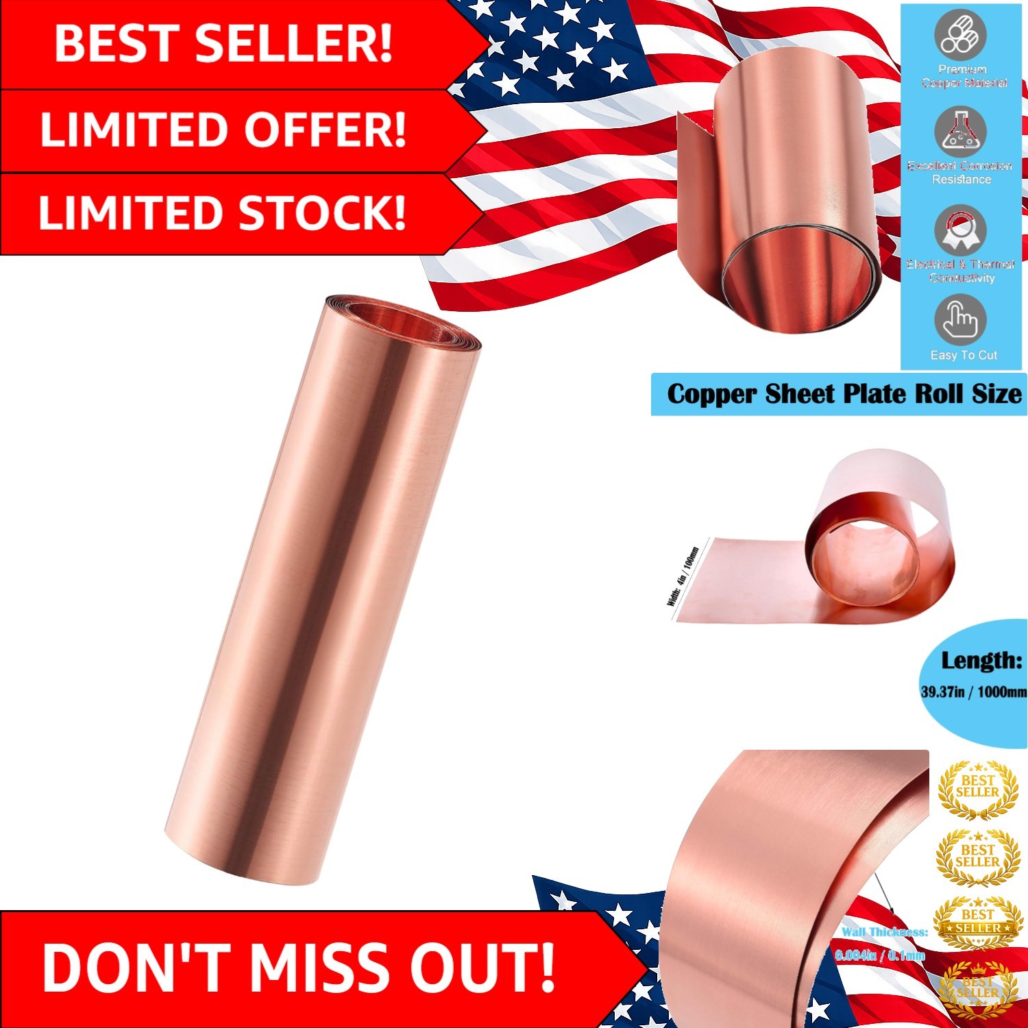 Durable 99.9% Pure Copper Foil Roll 0.1mm x 100mm x 1000mm for Home and Art