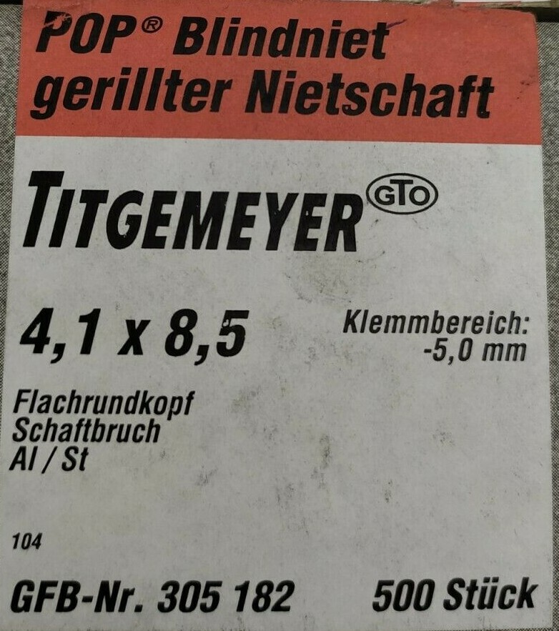 500x Titgemeyer Blind Rivet 4.1 x 8.5 Pop Rivets Grooved Rivet Shank