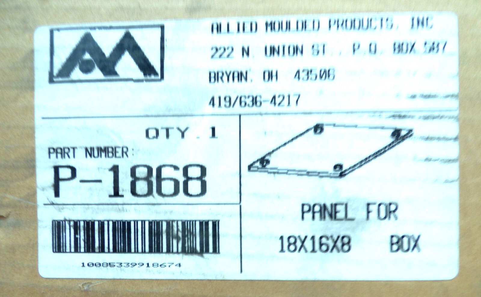 NOS P-1868 Panel by Allied Molded Products Inc Panel for 18 X 16 X 8 Box