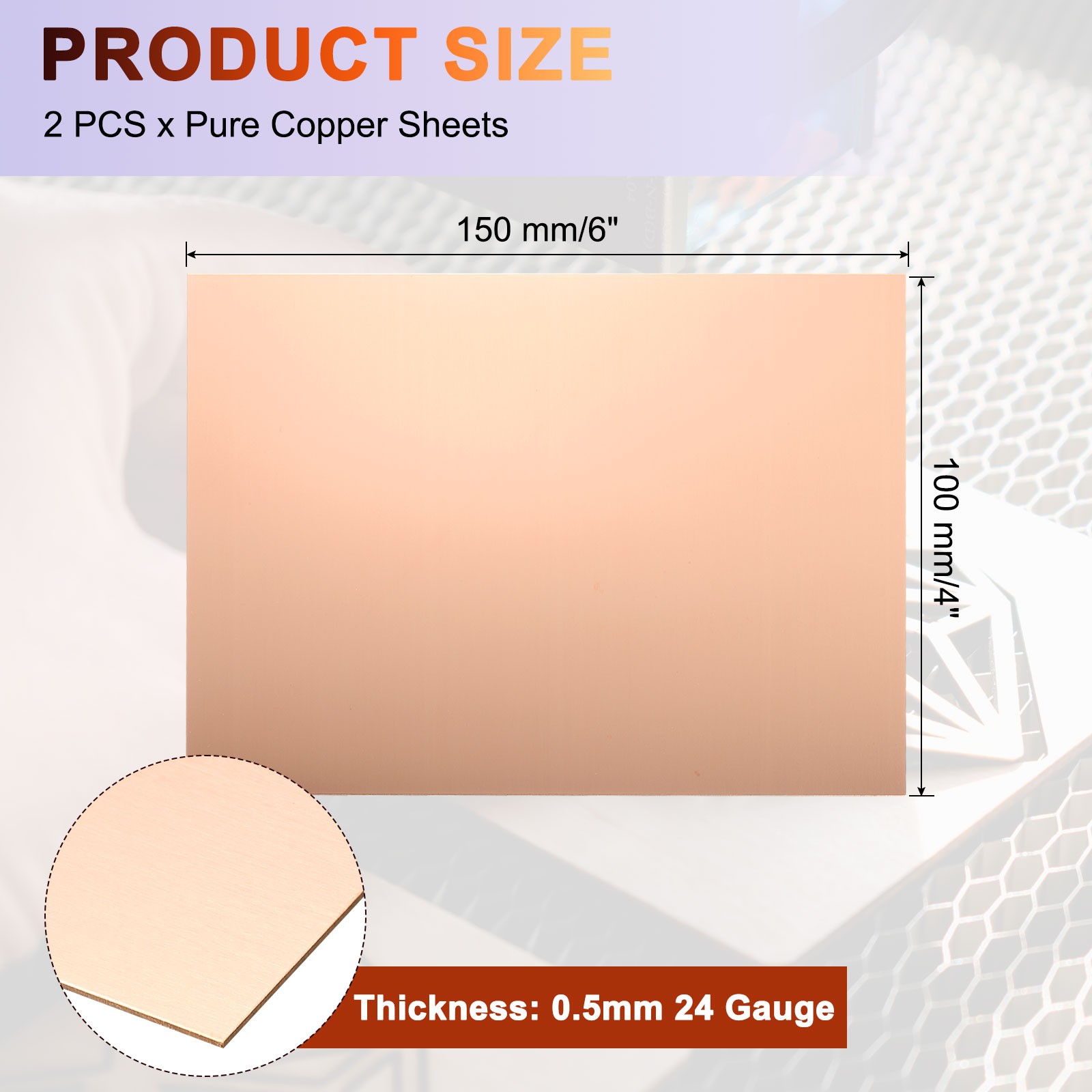 2Pcs Pure Copper Sheet,6″ x 4″, 24 Gauge (0.5mm) Thickness with Glove(Rose Gold)