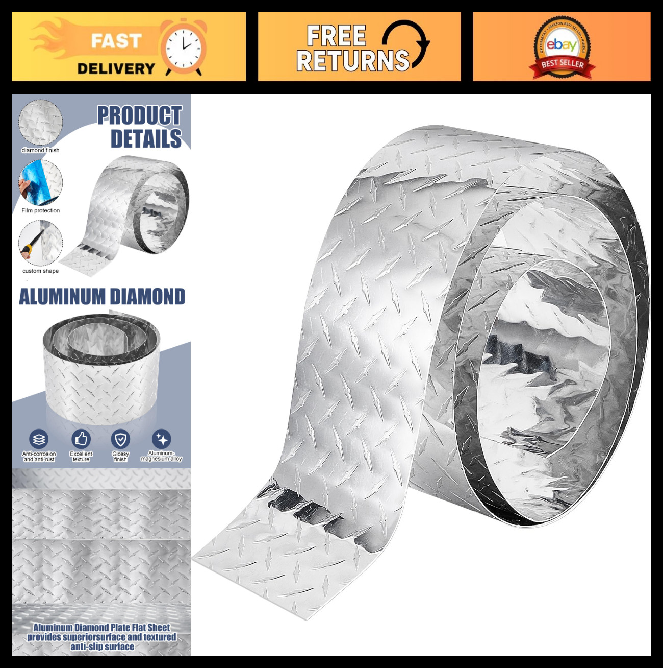 Heavy Duty 6” x 8′ Aluminum Diamond Plate Sheet – 0.04” Thick Tread Metal for
