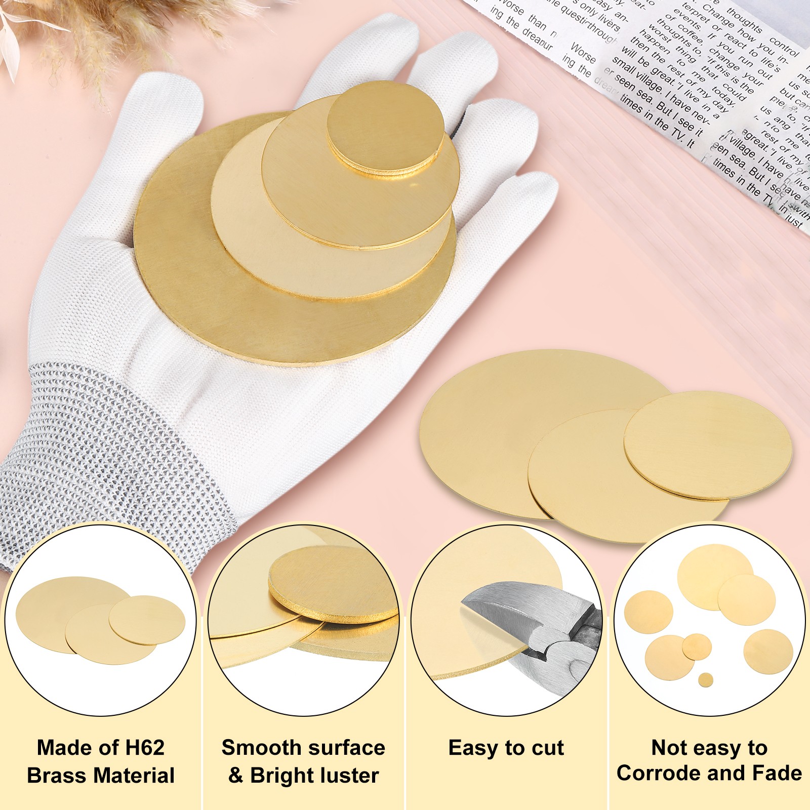 16pcs Brass Sheets, 0.03″ Thickness x 1.18″ Diameter Brass Round Plate, Yellow