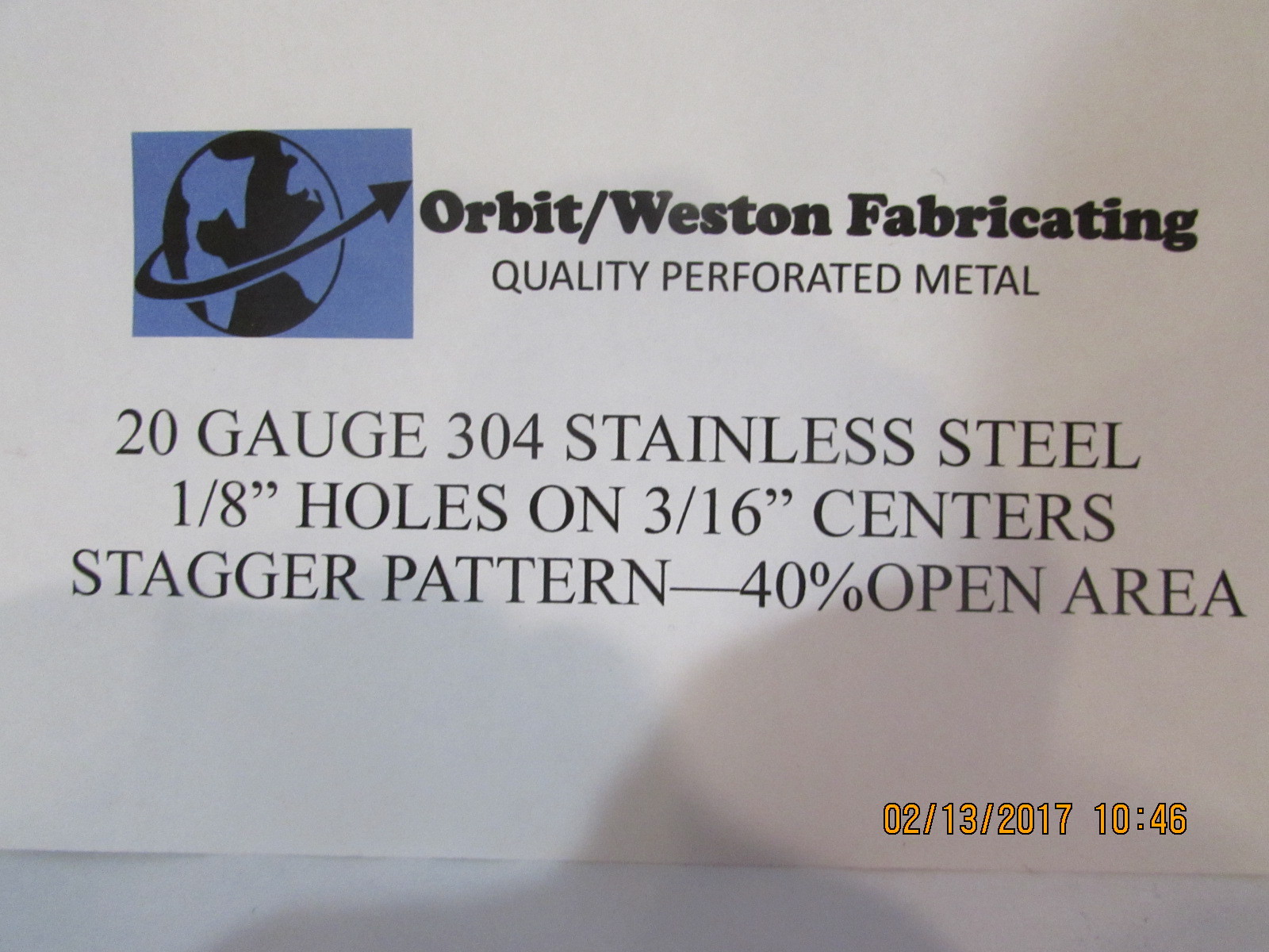 = 1/8″ HOLES 20 GAUGE 304 STAINLESS STEEL PERFORATED SHEET 12″ X 18″ =