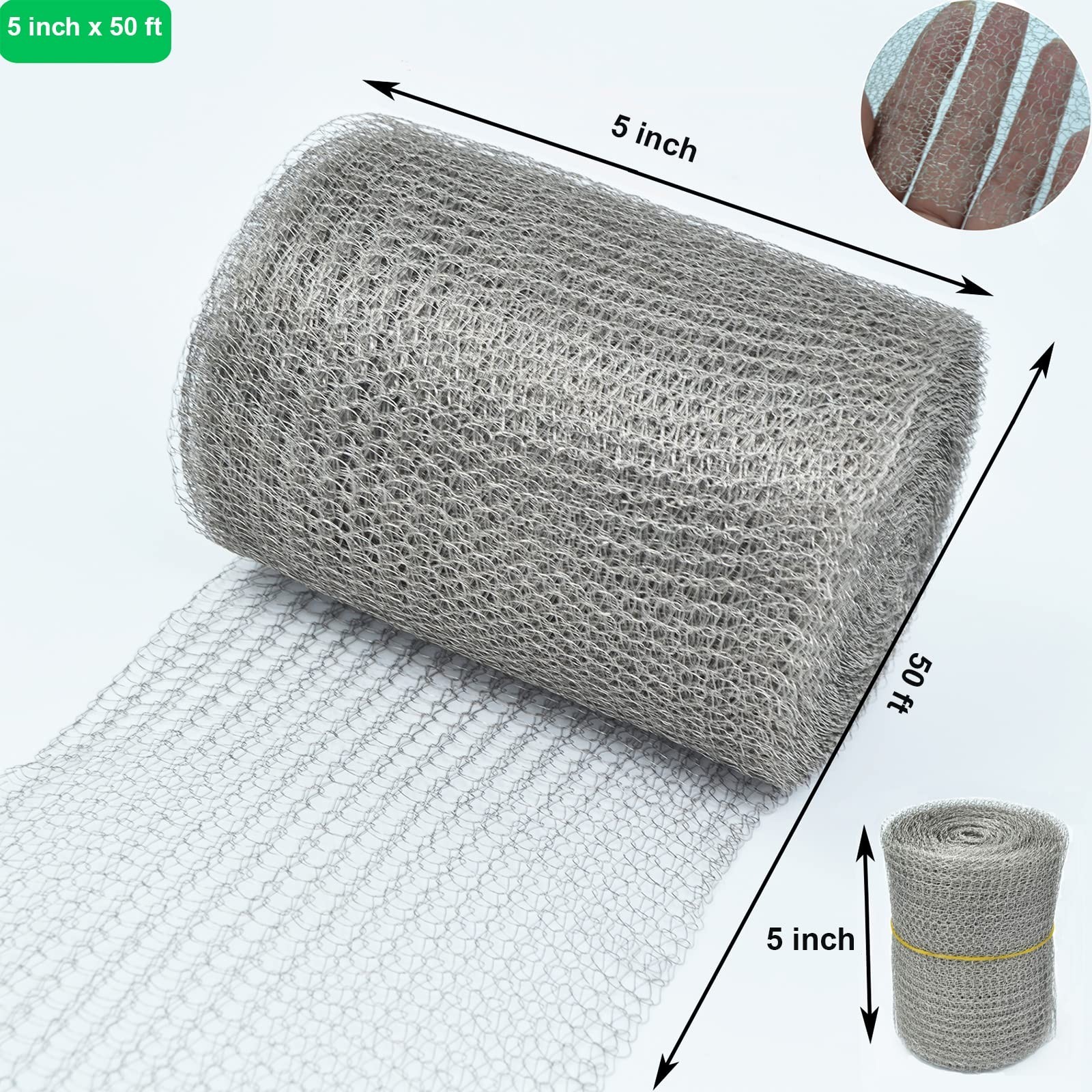 5″ x 50FT Stainless Steel Wire Mesh Roll, Flexible Gap Blocker for Garden & DIY