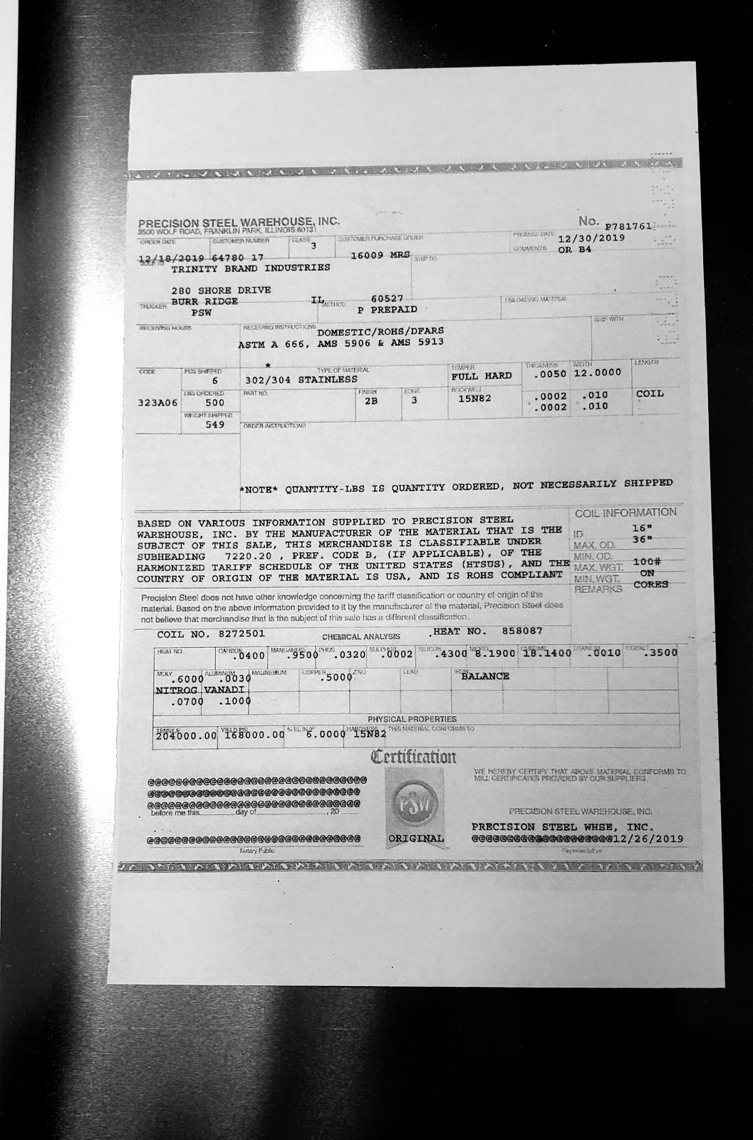 0.005″ Stainless Steel shim Flat Sheet ~3.9″ x ~5.9″ with metal Certs