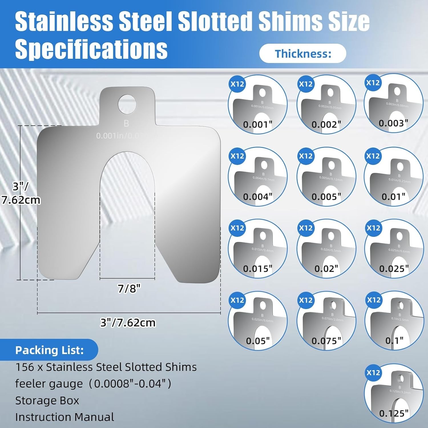 Stainless Steel Shim Kit 156 Pcs Size B 3×3 Inch Slotted Shims Assortment with