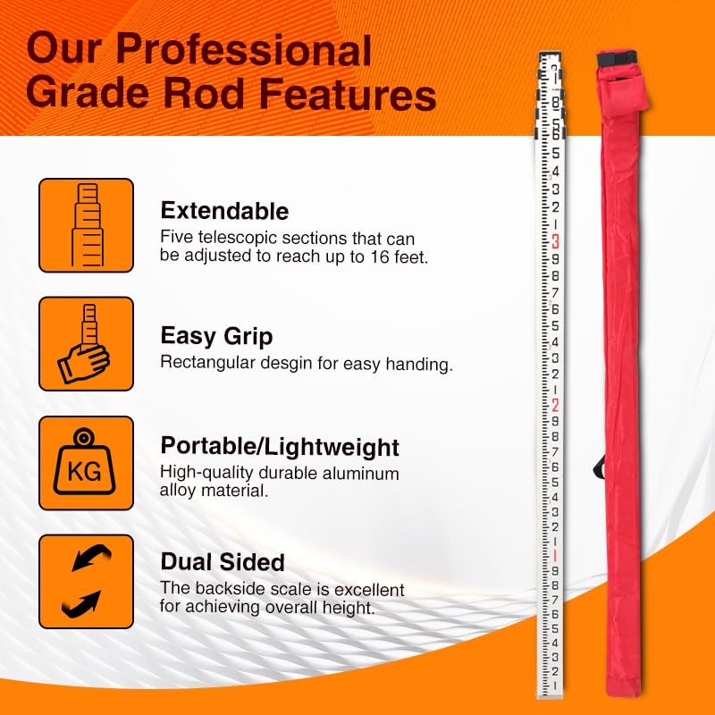 GEOLENI Aluminum Grade Rod – 10ths, With Carrying Case and 16 feet, Red