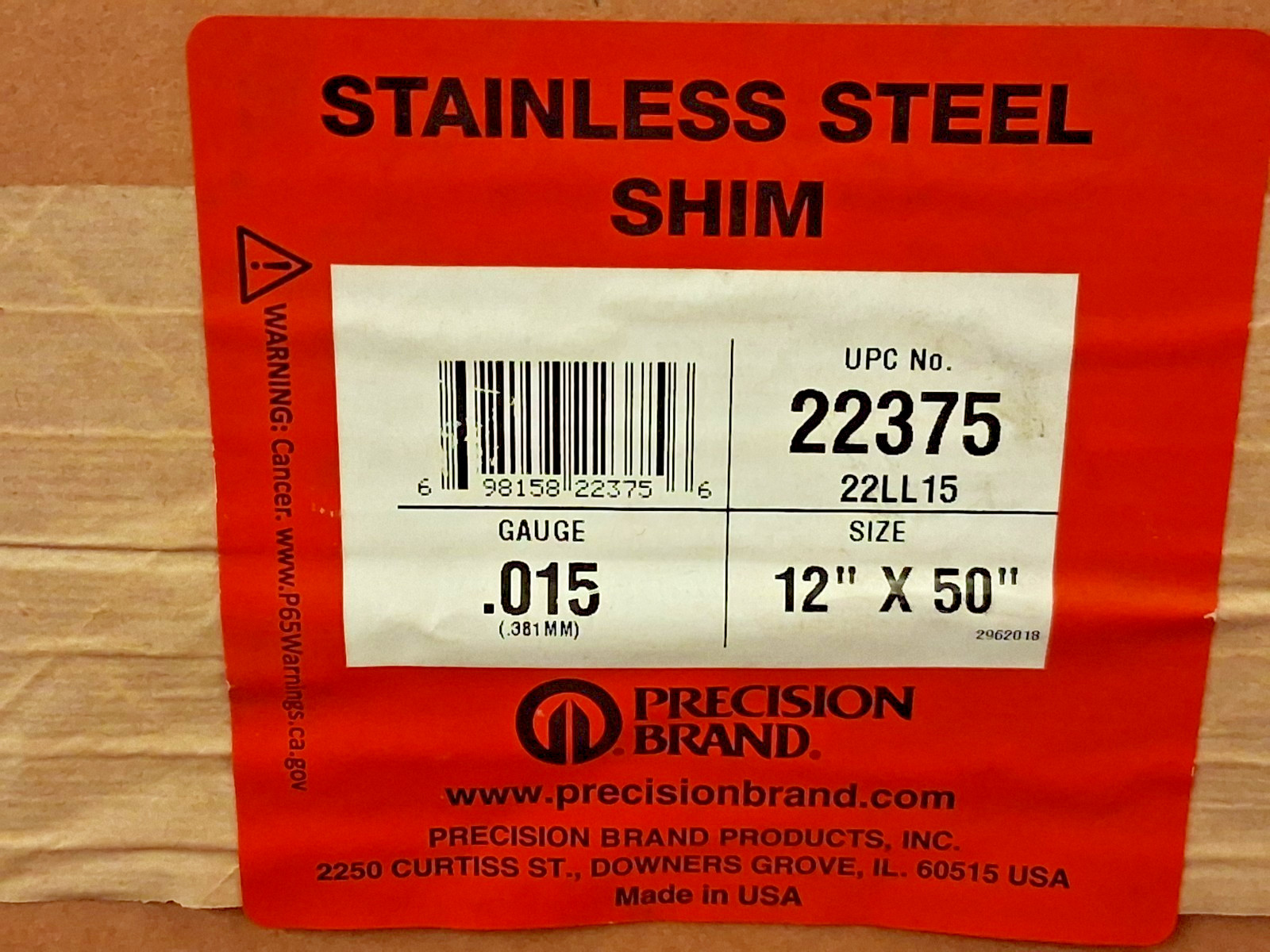 Precision Brand Stainless Steel Shim .015 Thick 12″ x 50″ 22375