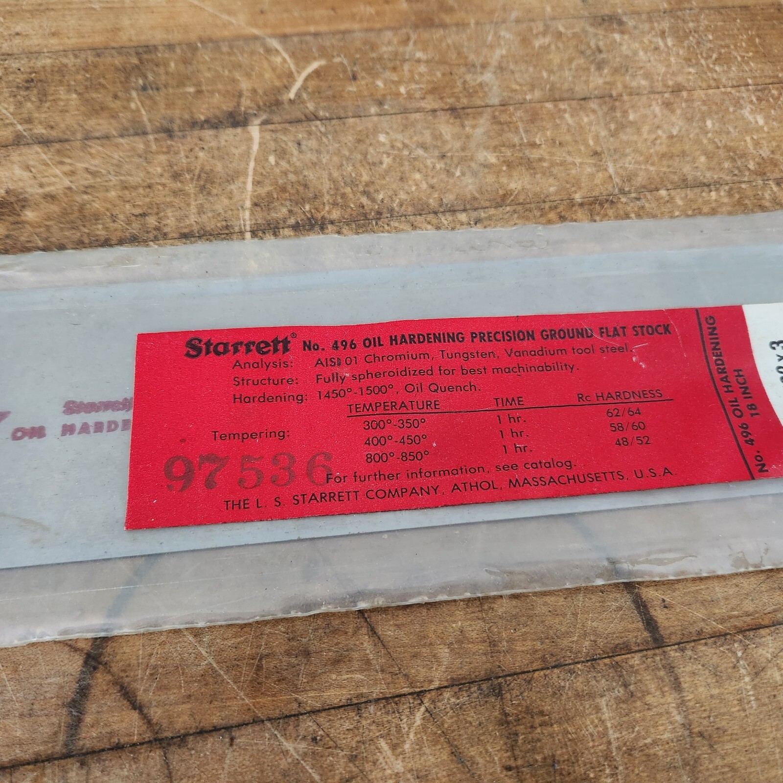 Starrett No. 496 Oil Hardening Precision Ground Flat Stock 18″ Machinist USA