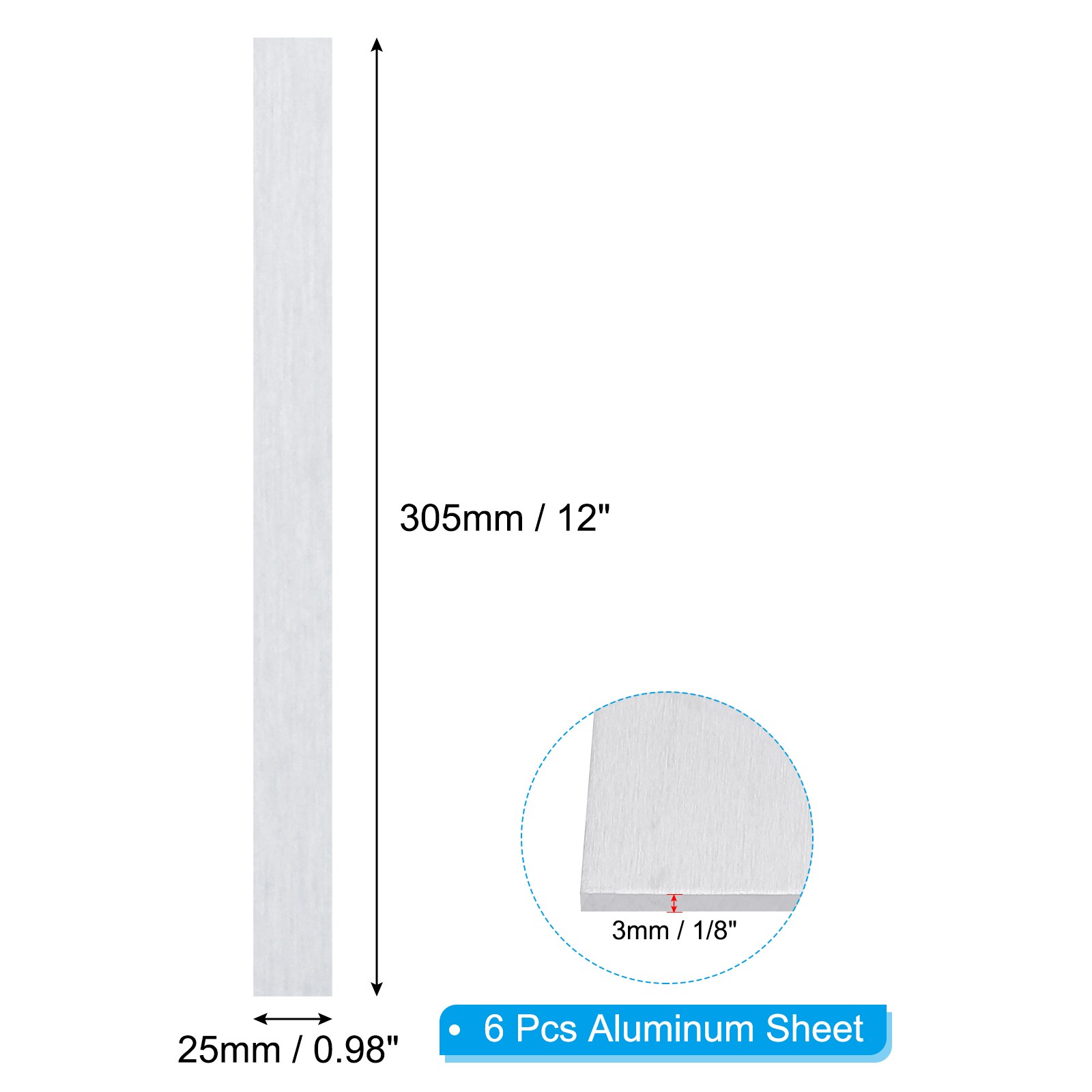 6061 T651 Aluminum Sheet Metal 12.01 x 0.98 x 1/8(0.125″) Inch 6Pcs Flat 3MM