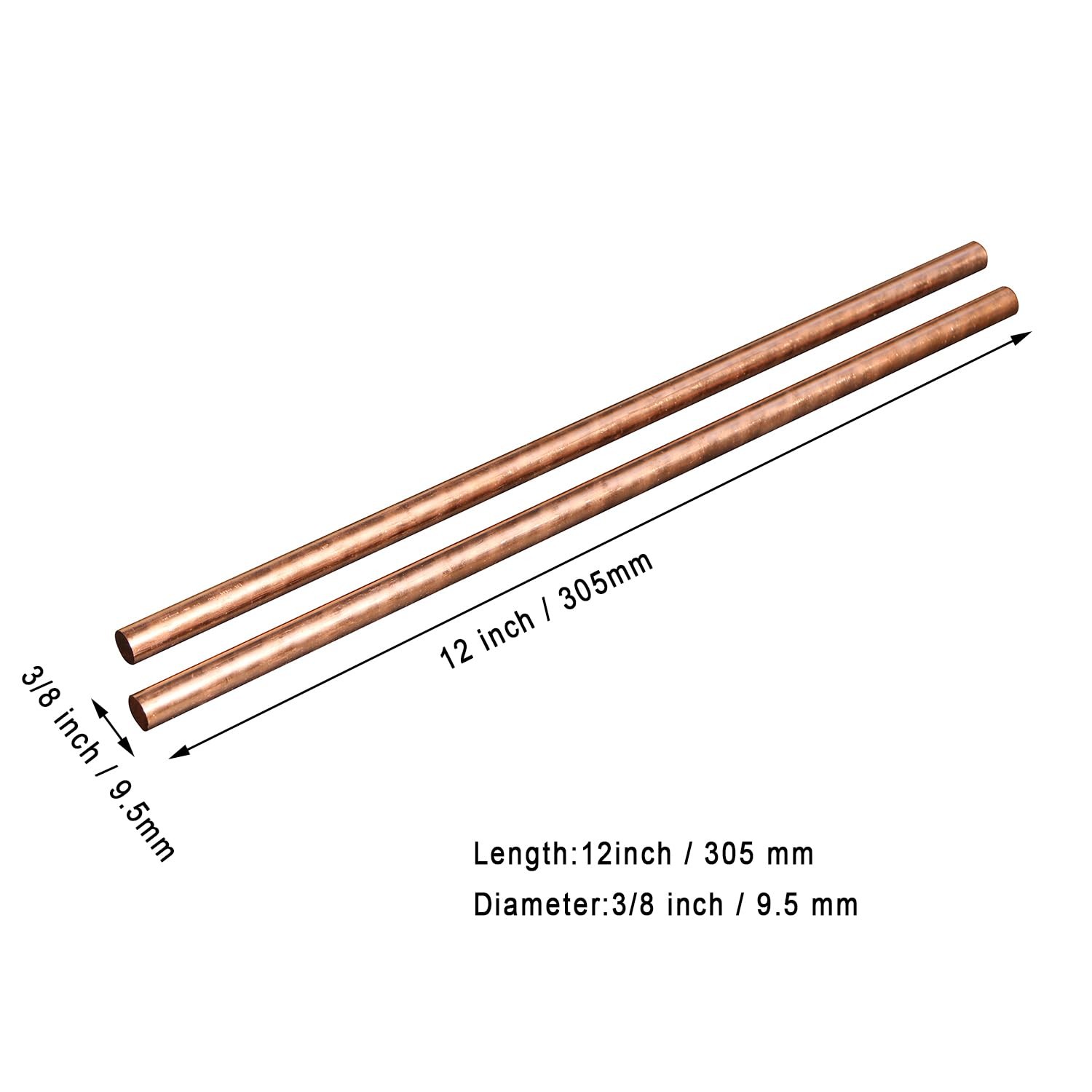 2 PCS 9.5mm 3/8 Inch Copper Round Rods Lathe Bar Stock 305mm 12 Inch