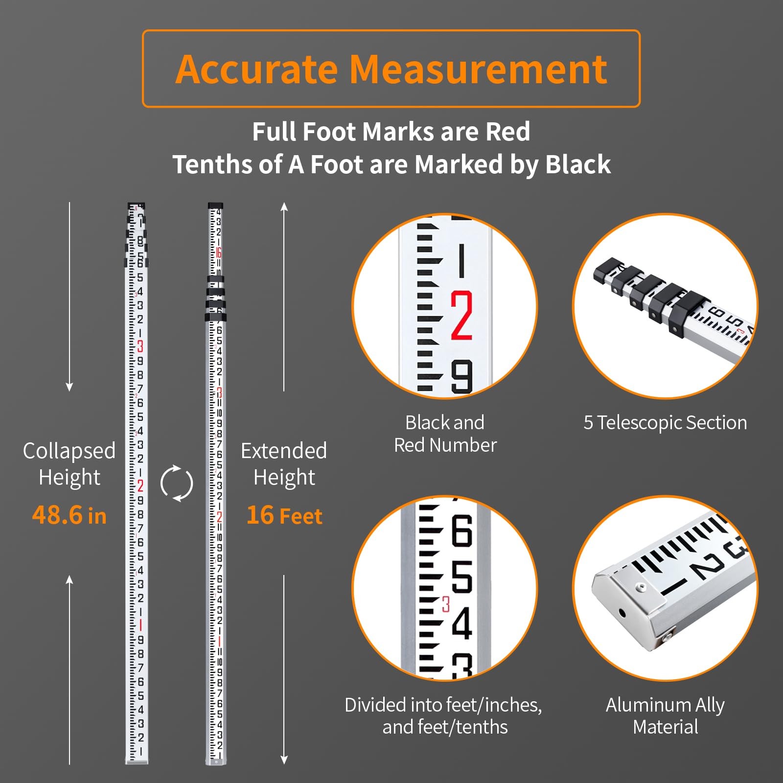 Firecore 16-Foot Aluminum Grade Rod – 10ths, 5 Sections 16FT – White