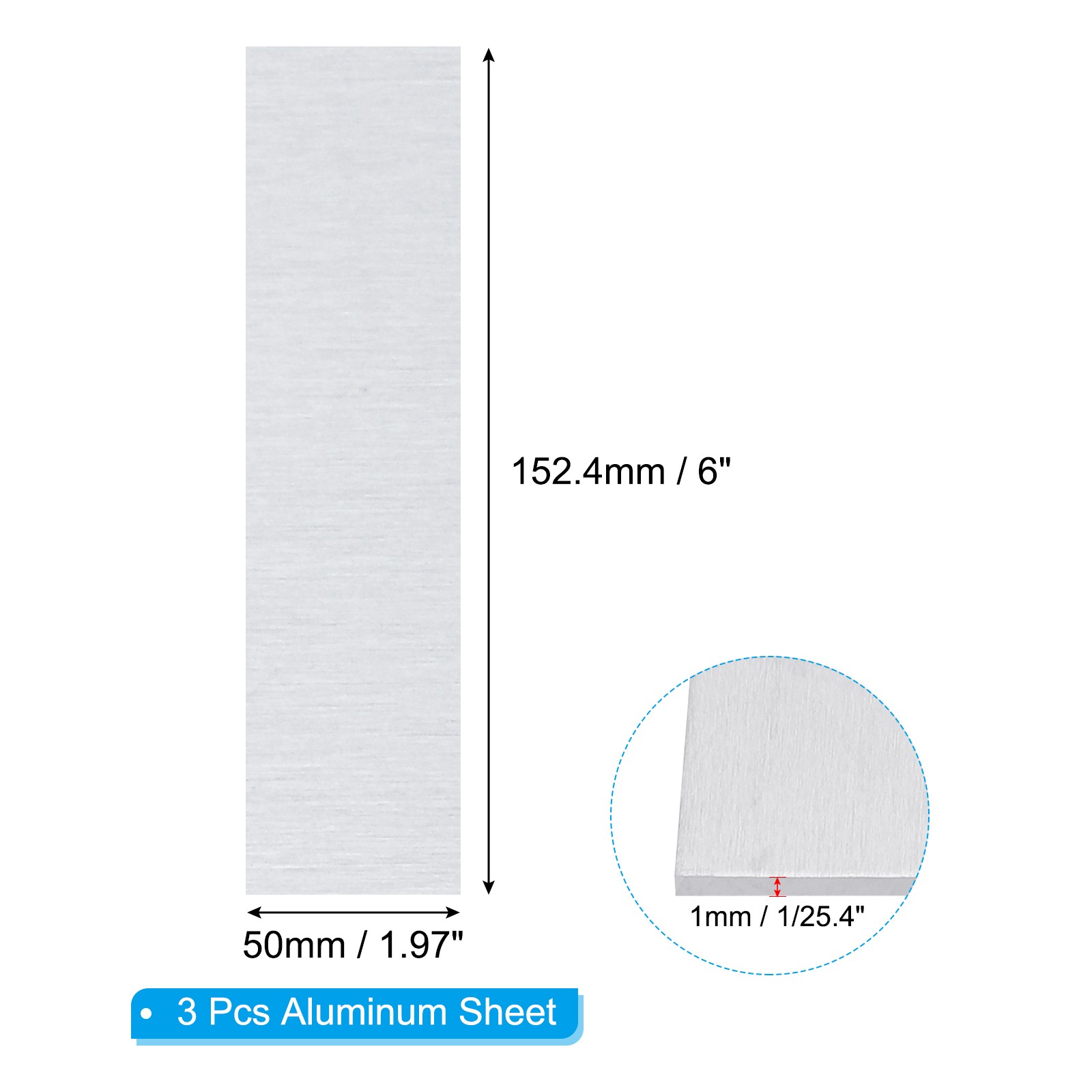 3 Pack 6061 T651 Aluminum Sheet Metal 6 x 1.97 x 1/25.4(0.04″) Inch Flat 1MM