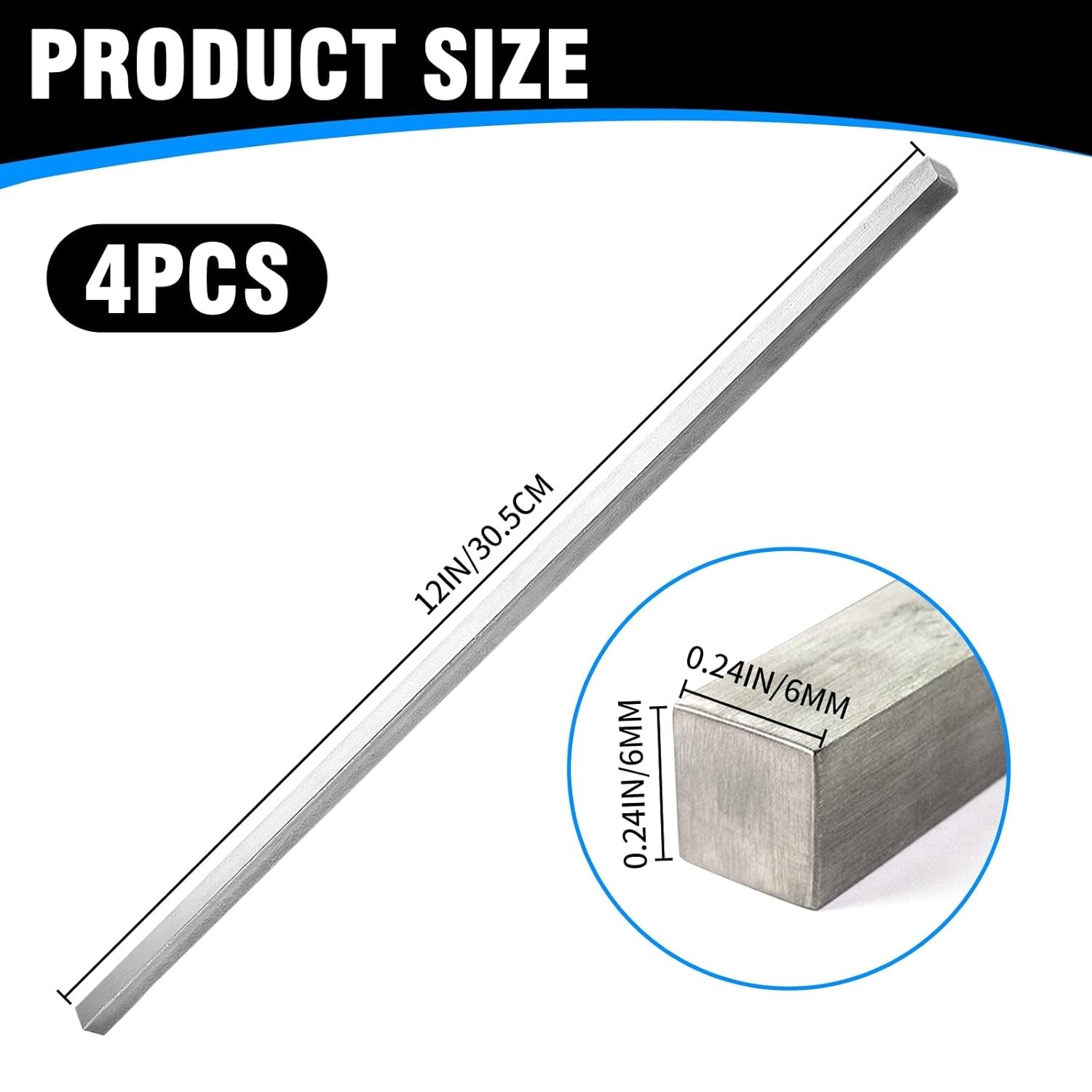 4 Pcs 1/4″ x 1/4″ x 12″ Square Steel Key Stock, Cold-Drawn Stainless Steel Bars