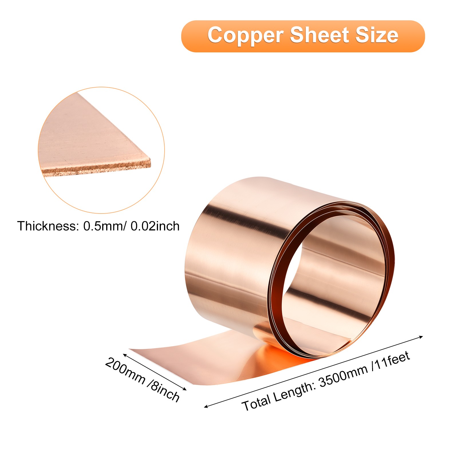1Pcs Copper Flashing 99.95% Pure 0.5mm Thick Copper Roll 8in*11ft Copper Sheet