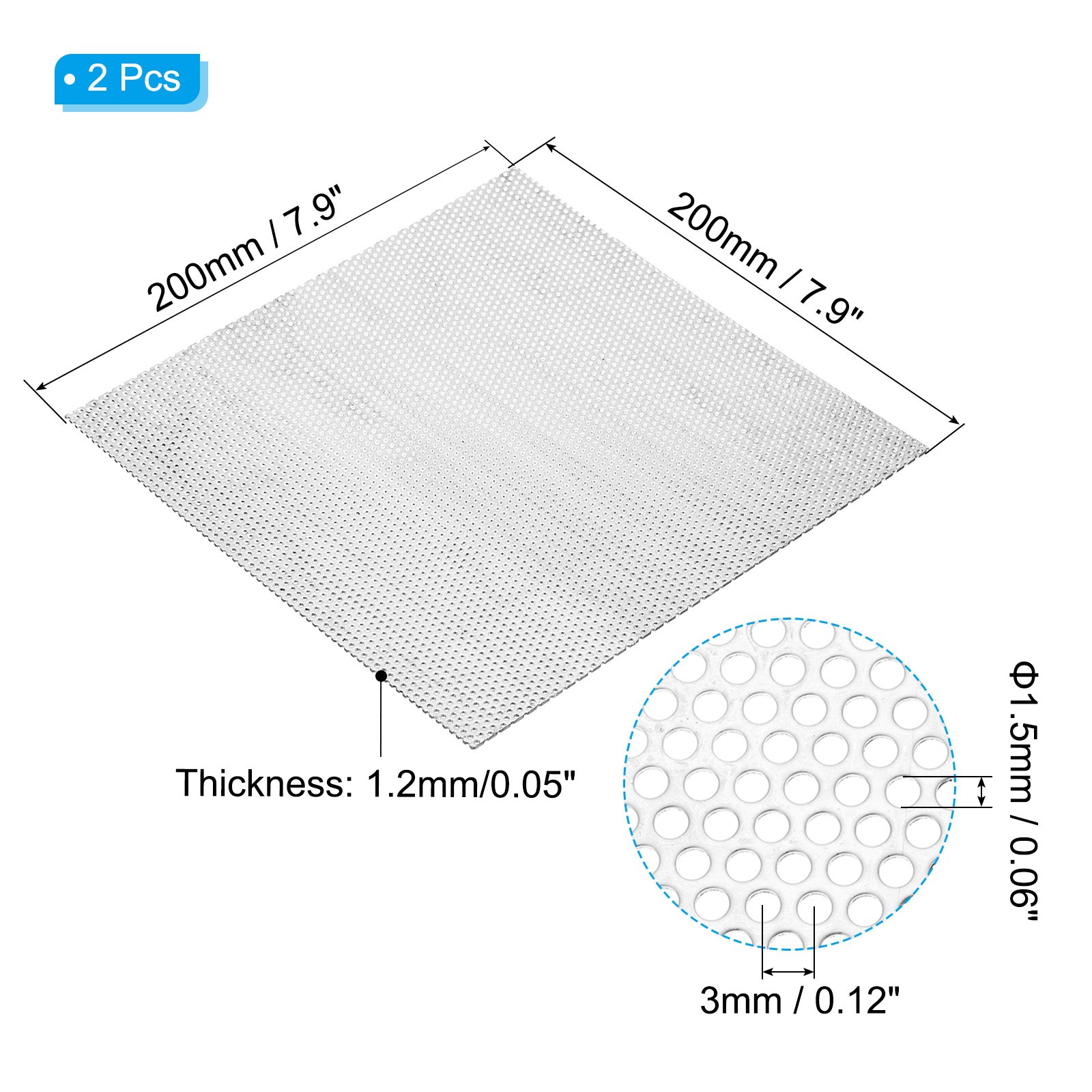 7.9″ L x 7.9″ W Perforated Metal Sheets, 2pcs 16Ga 0.06″Hole 304 Stainless Steel