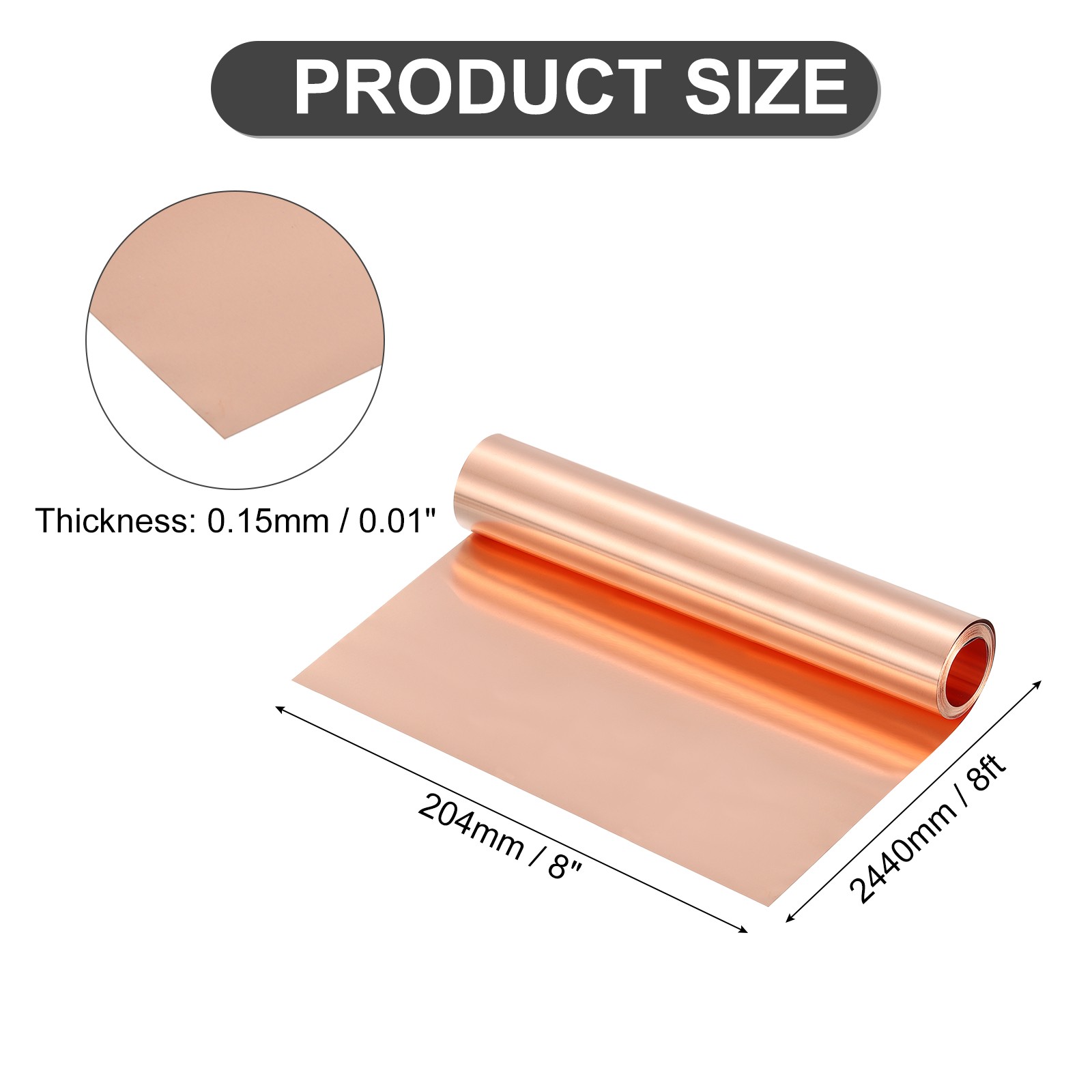 Pure Copper Sheet Roll, 0.15mm 19Ga Thick T2 8Ft x 8in Copper Strip for Craft