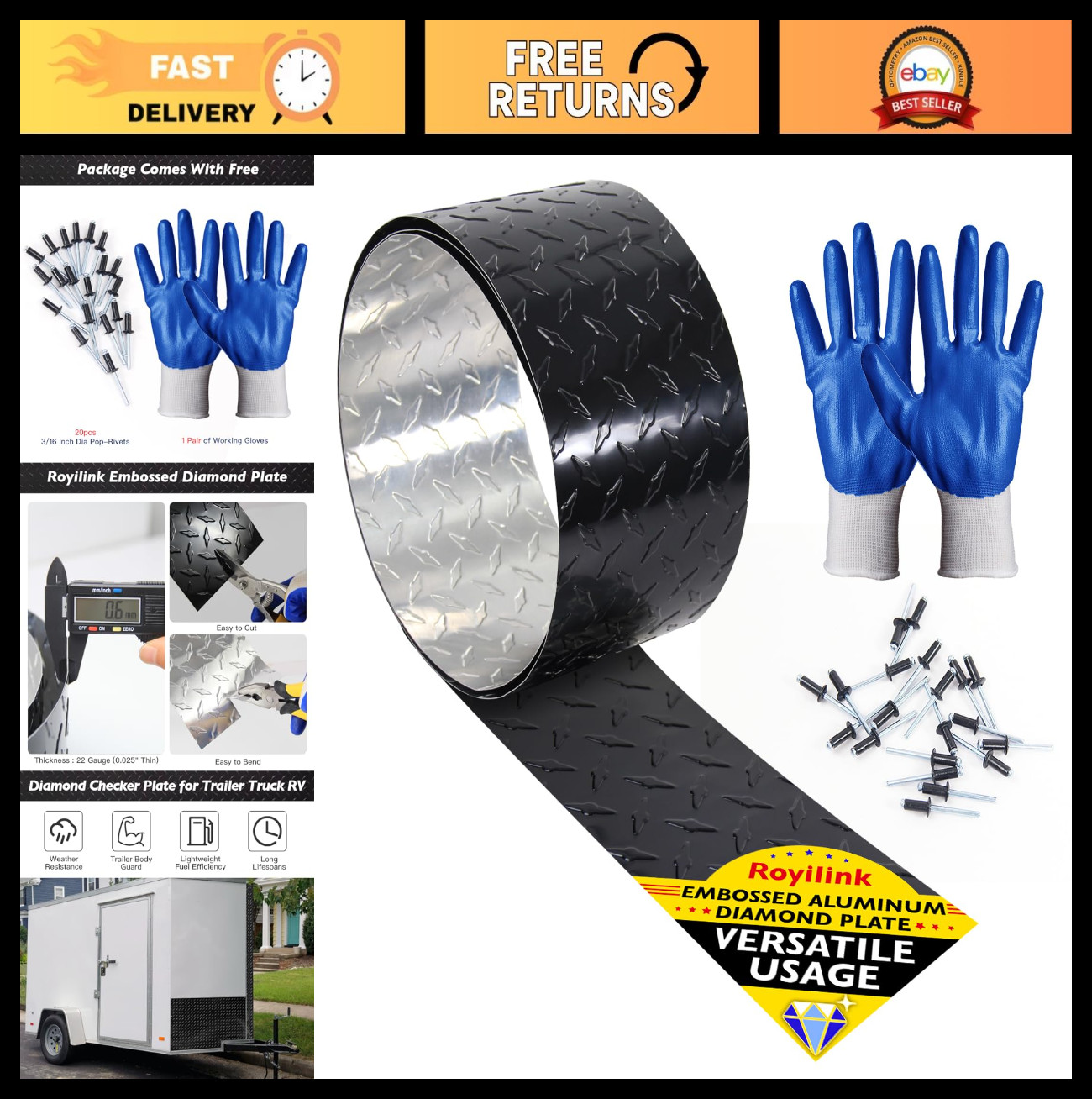 Black Embossed Aluminum Diamond Checker Plate Sheet – 8″ x 8′ Roll for Trailer,