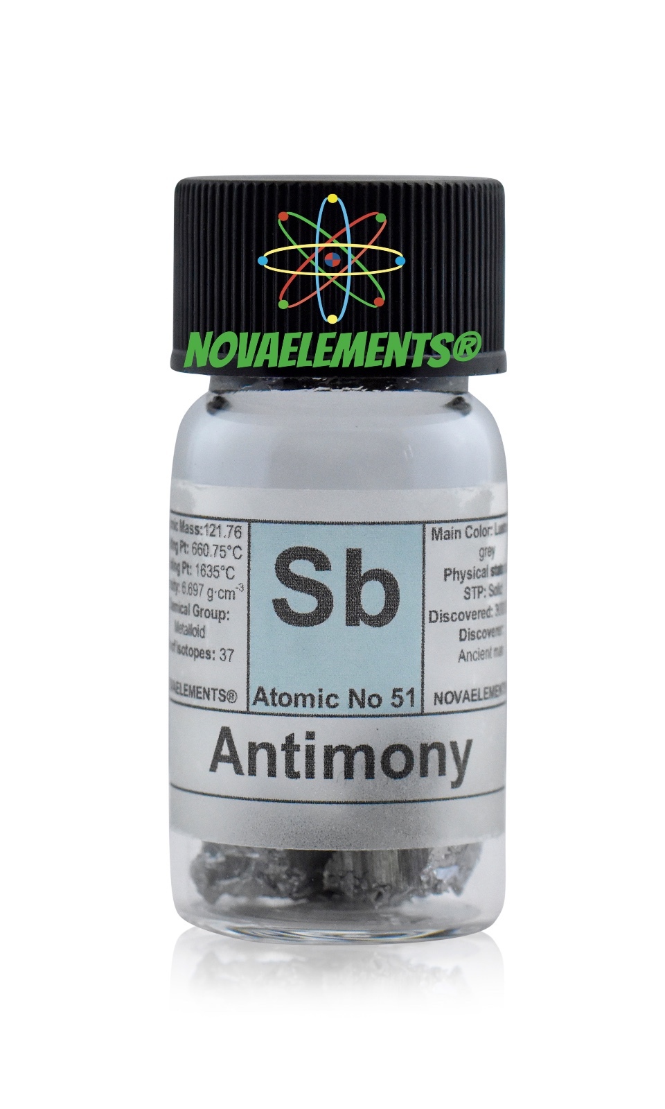 Pure Antimony Metal Element 51 sample 5g 99.9% crystals in labeled glass vial