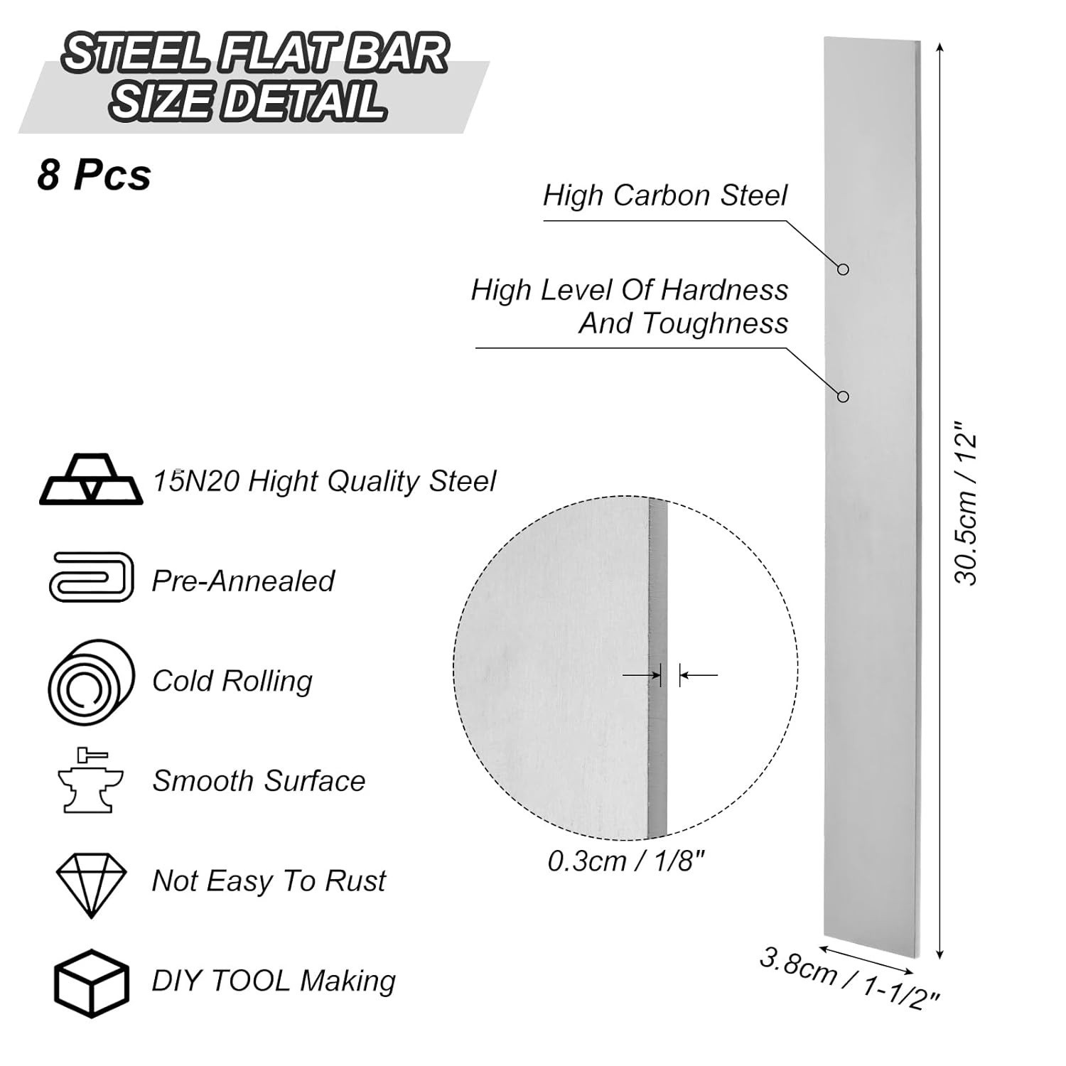 8 Pack 15N20 Steel Flat Bar for Knife Making 12″ x 1 1/2″ x 1/8″ Steel Flat Bar