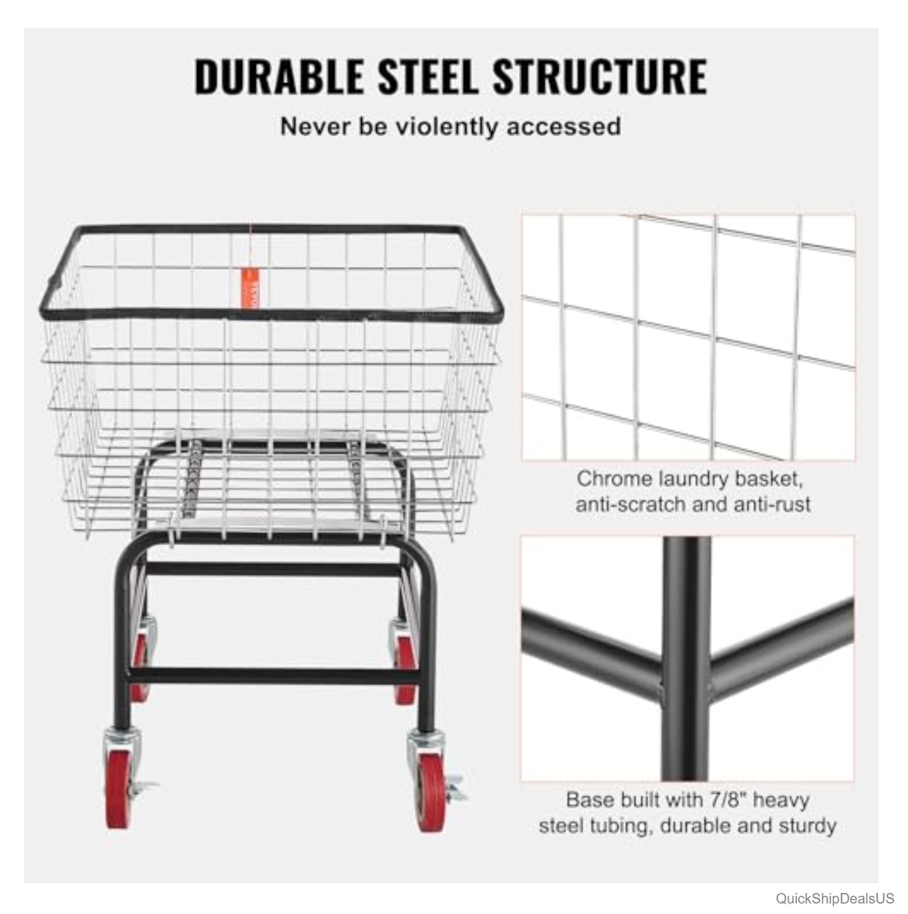 Wire Laundry Cart 2.8 Bushel Steel Frame Chrome Finish 4 Caster Wheels