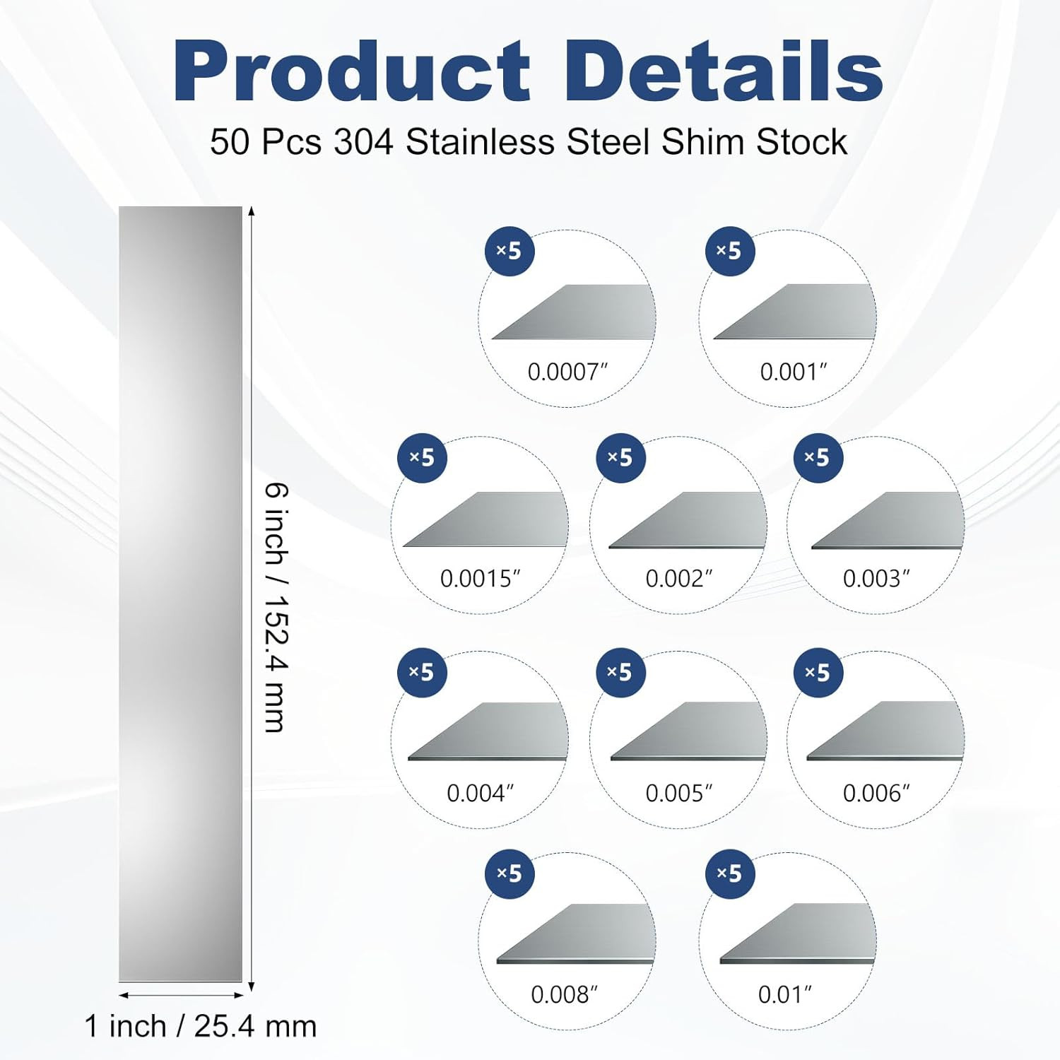 50 Pcs Shim Stock Assortment 304 Stainless Steel 1″ Width X 6″ Length Metal Trim