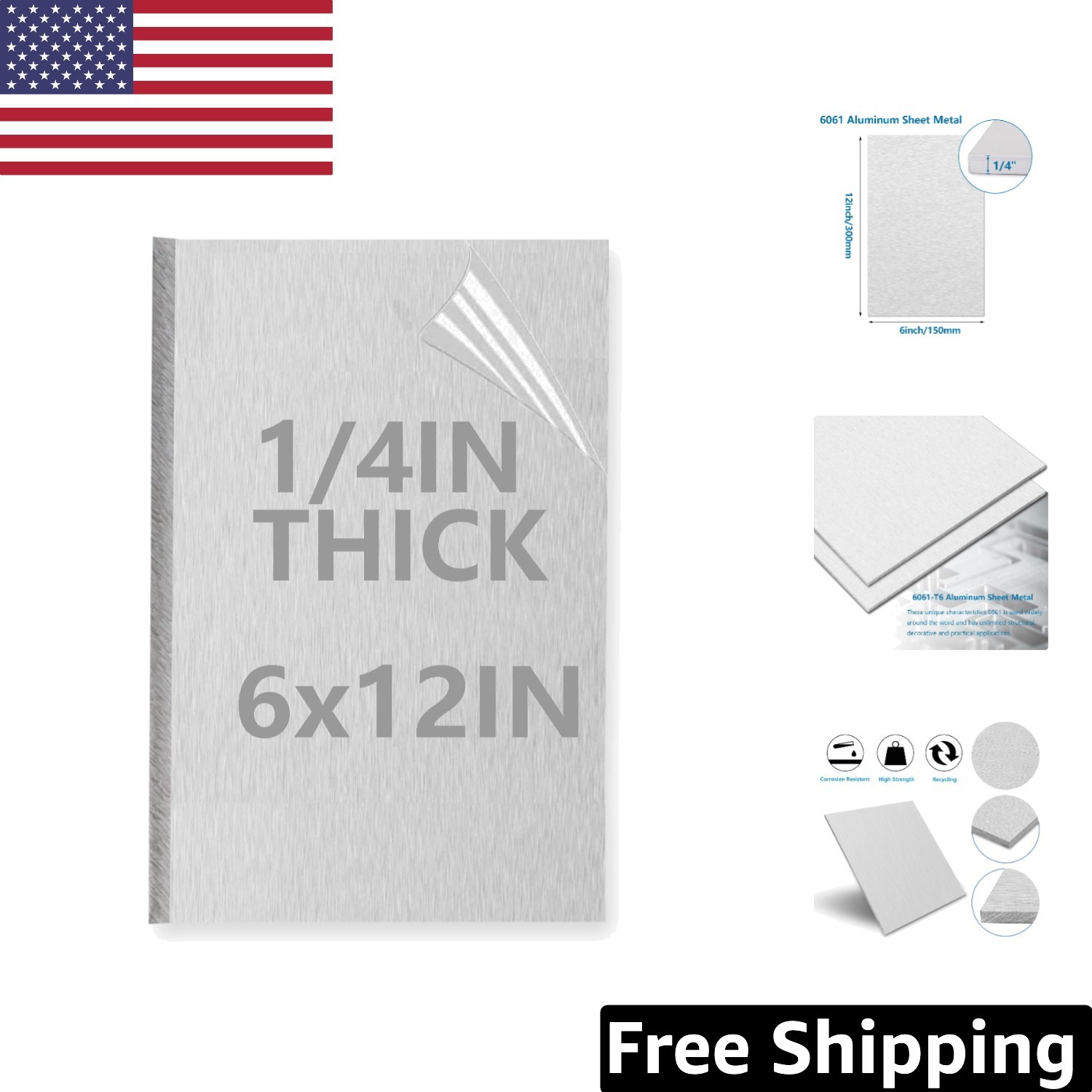 1/4 Inch Thick 6061 Aluminum Sheet Plate – Precision Cut with Protective Film