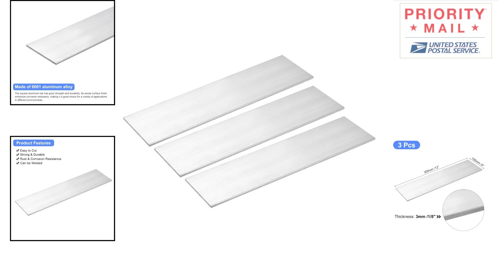 Square Aluminum Plate 3pcs 3mm Thick 100mm Width 305mm Length Industrial Use