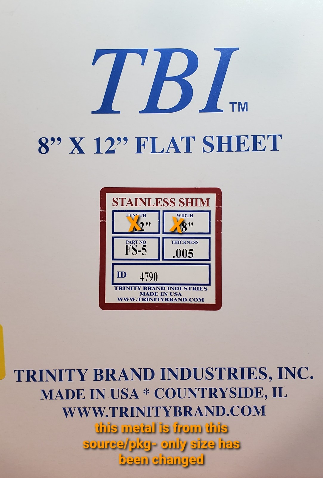0.005″ Stainless Steel shim Flat Sheet ~3.9″ x ~5.9″ with metal Certs