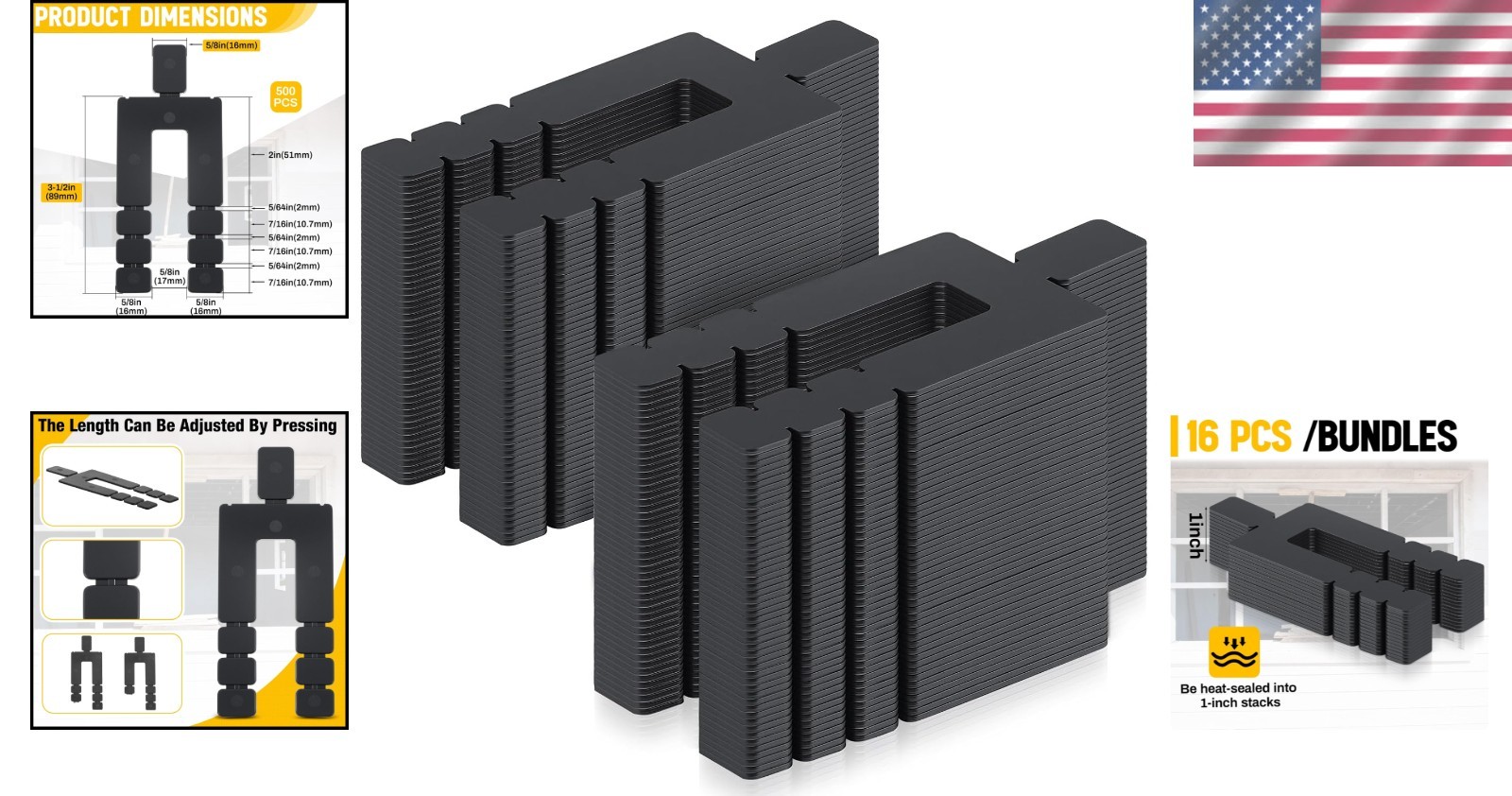 500 Pcs Stackable Black Plastic Shims – 1/16″ x 3-1/2″ for Doors & Windows