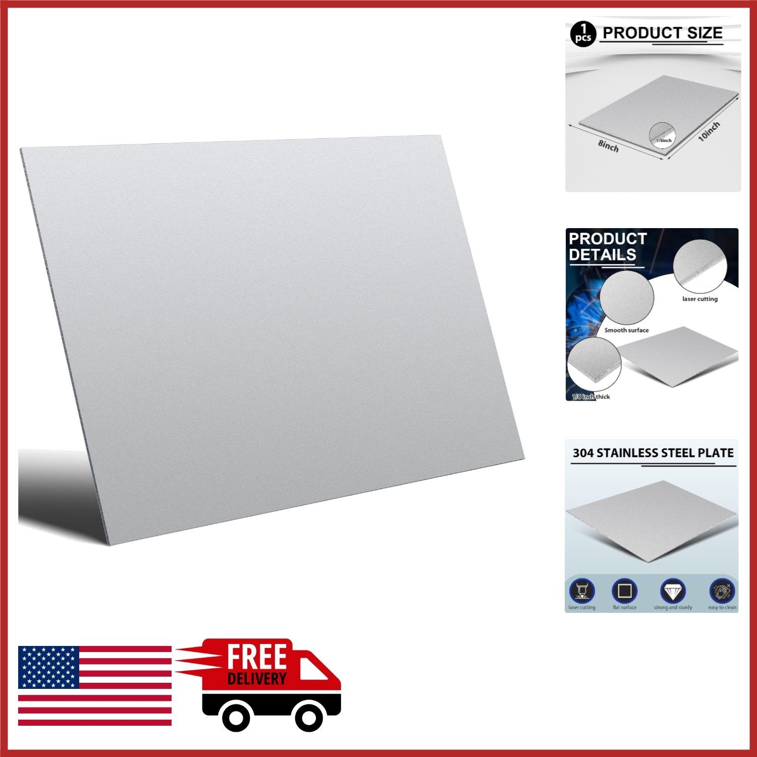 Durable 304 Stainless Steel Plate 1/8” x 8” x 10” for Various Applications