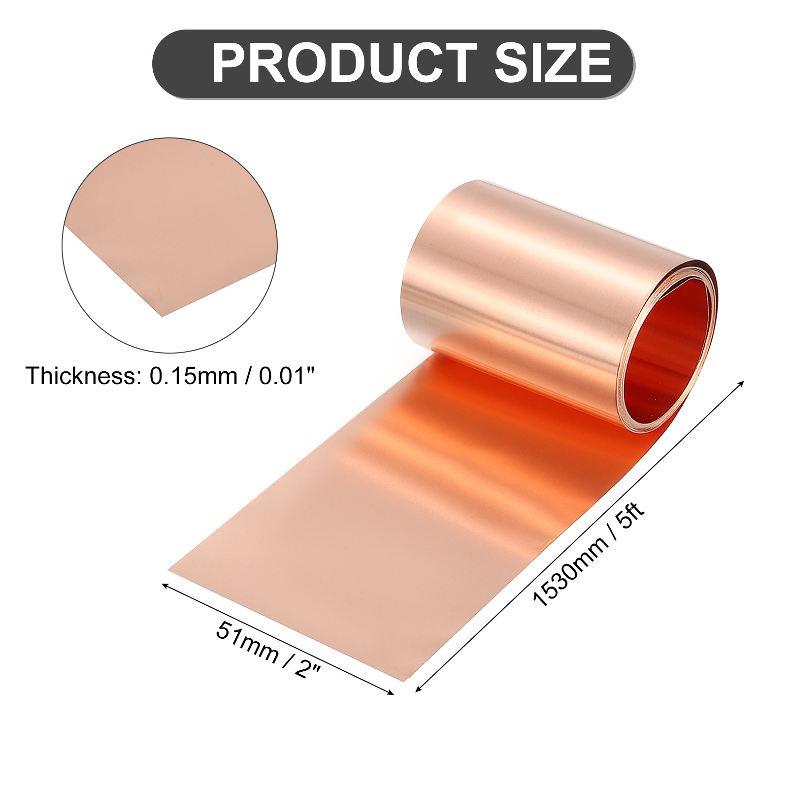 Pure Copper Sheet Roll, 0.15mm 19Ga Thick T2 5Ft x 2in Copper Strip for Craft