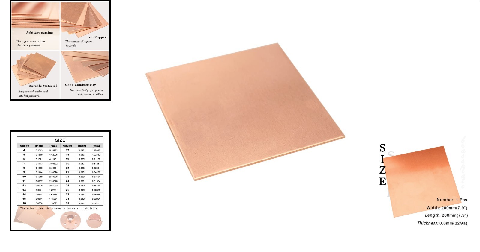 Versatile 22 Gauge Copper Sheet 7.9″ x 7.9″ – Perfect for Crafts & Home Projects