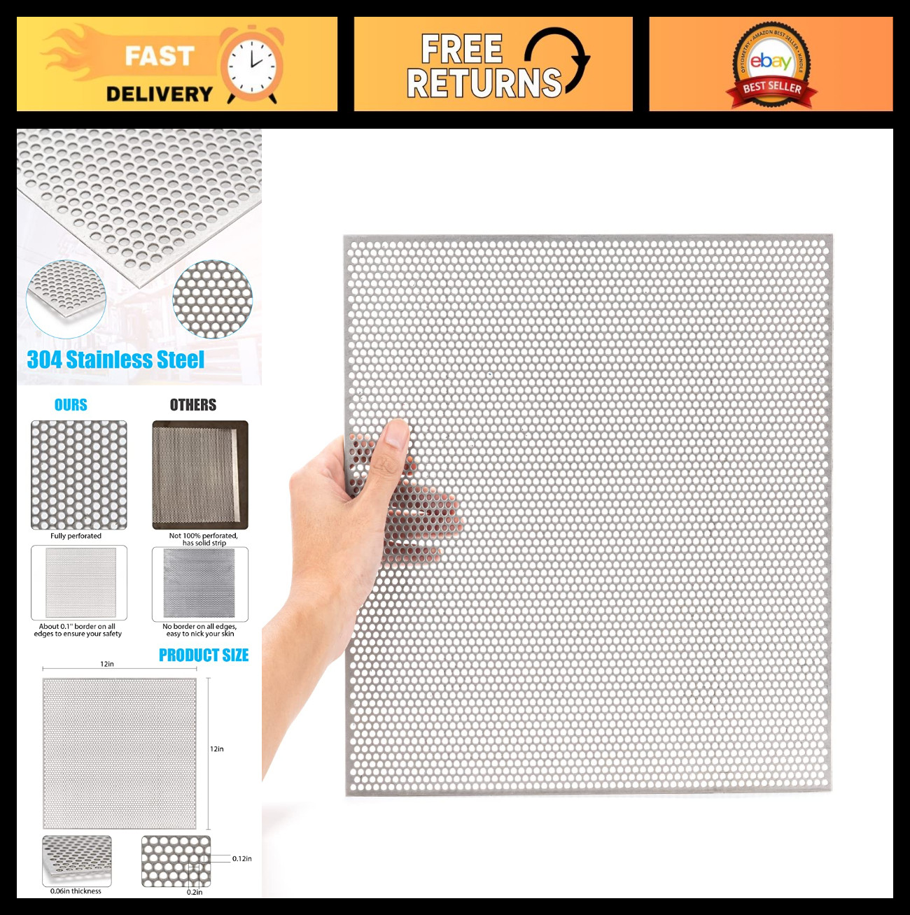 Perforated Stainless Steel Sheet 12″ x 12″ x 0.06″ (16 GA) – Metal Mesh Panel