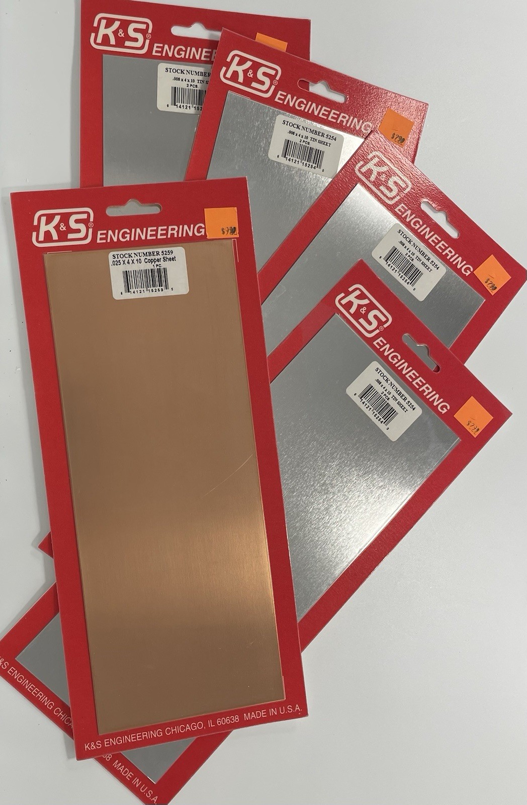 K&S Engineering 1 Copper Sheet .025x4x10 and 4 Tin Sheets .008x4x10” Lot Of 5